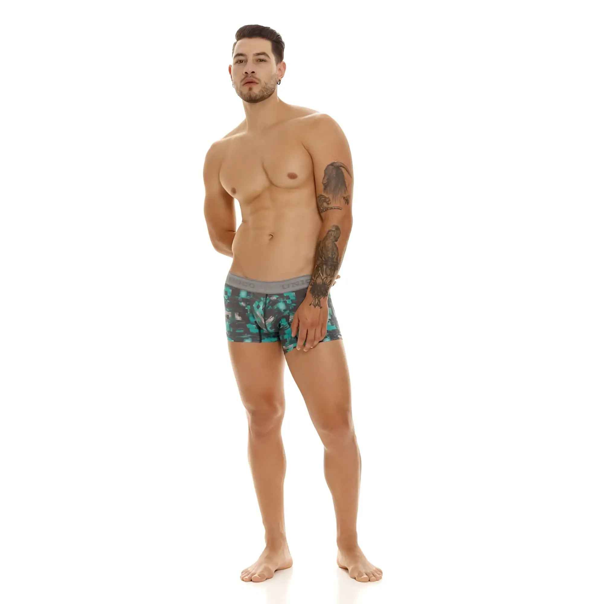 Men’s unico 23050100104 escaque trunks boxer briefs in teal and black camouflage with a solid gray waistband