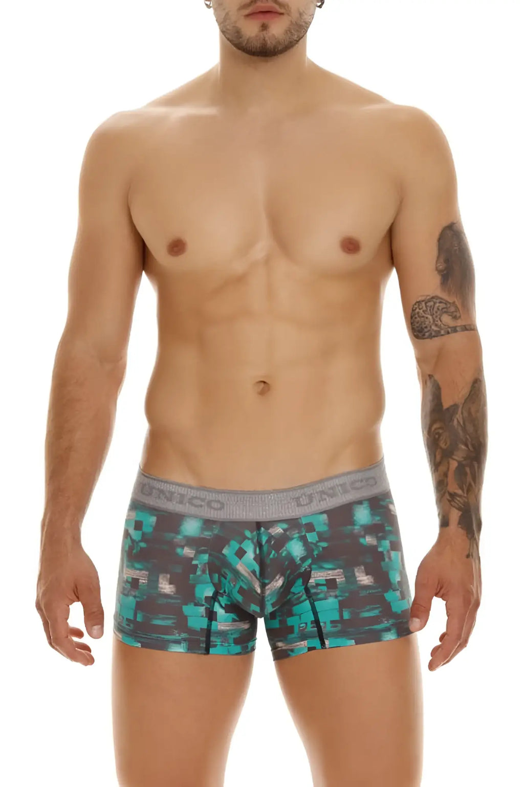 Men’s unico 23050100104 escaque trunks boxer briefs with teal and gray digital camouflage and gray waistband