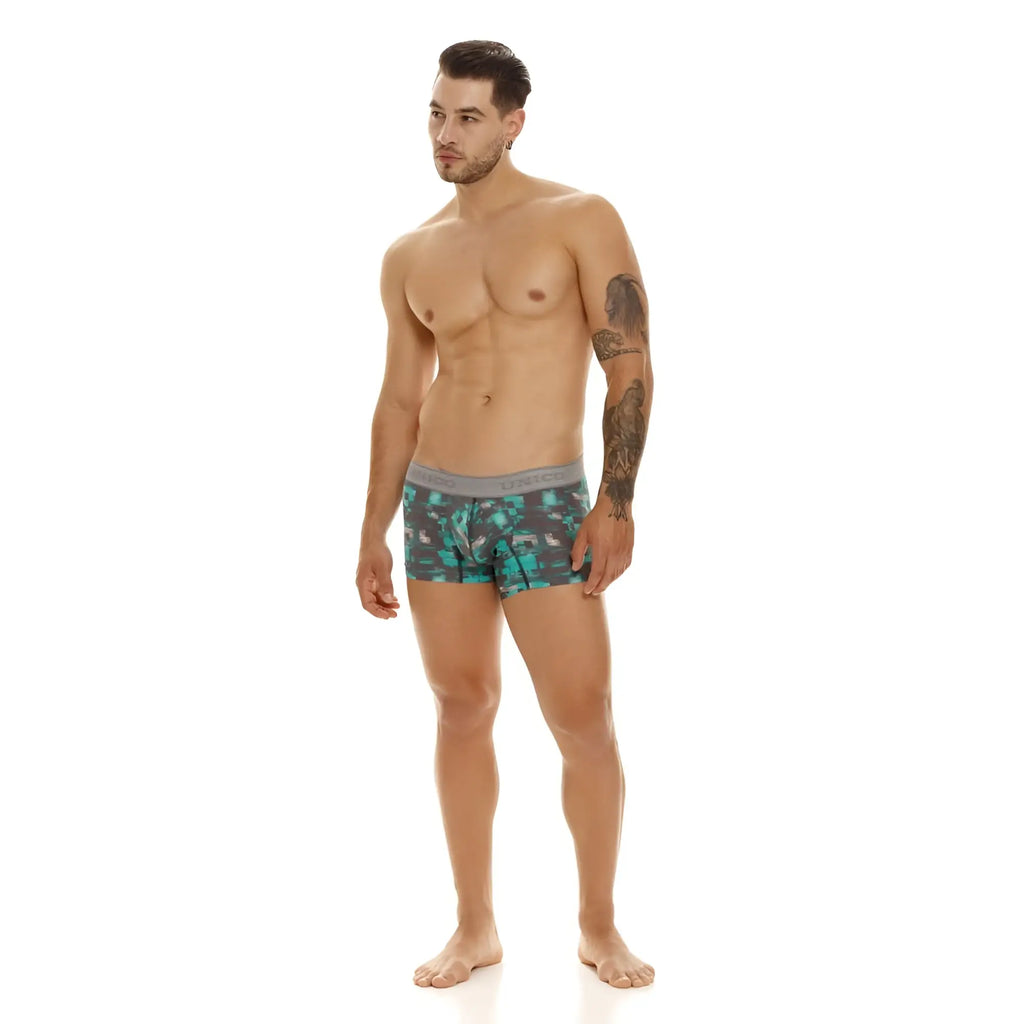 Men’s unico 23050100104 escaque trunks boxer briefs in teal and gray camouflage with branded elastic waistband