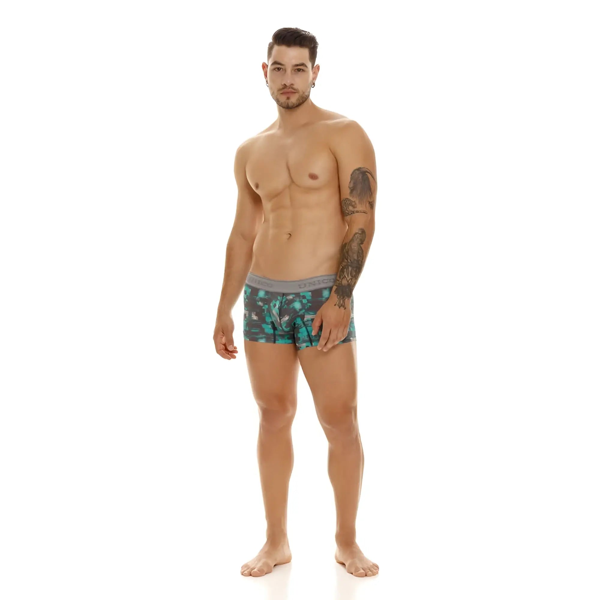 Men’s unico 23050100104 escaque trunks in teal and gray patterned fabric with a solid gray waistband