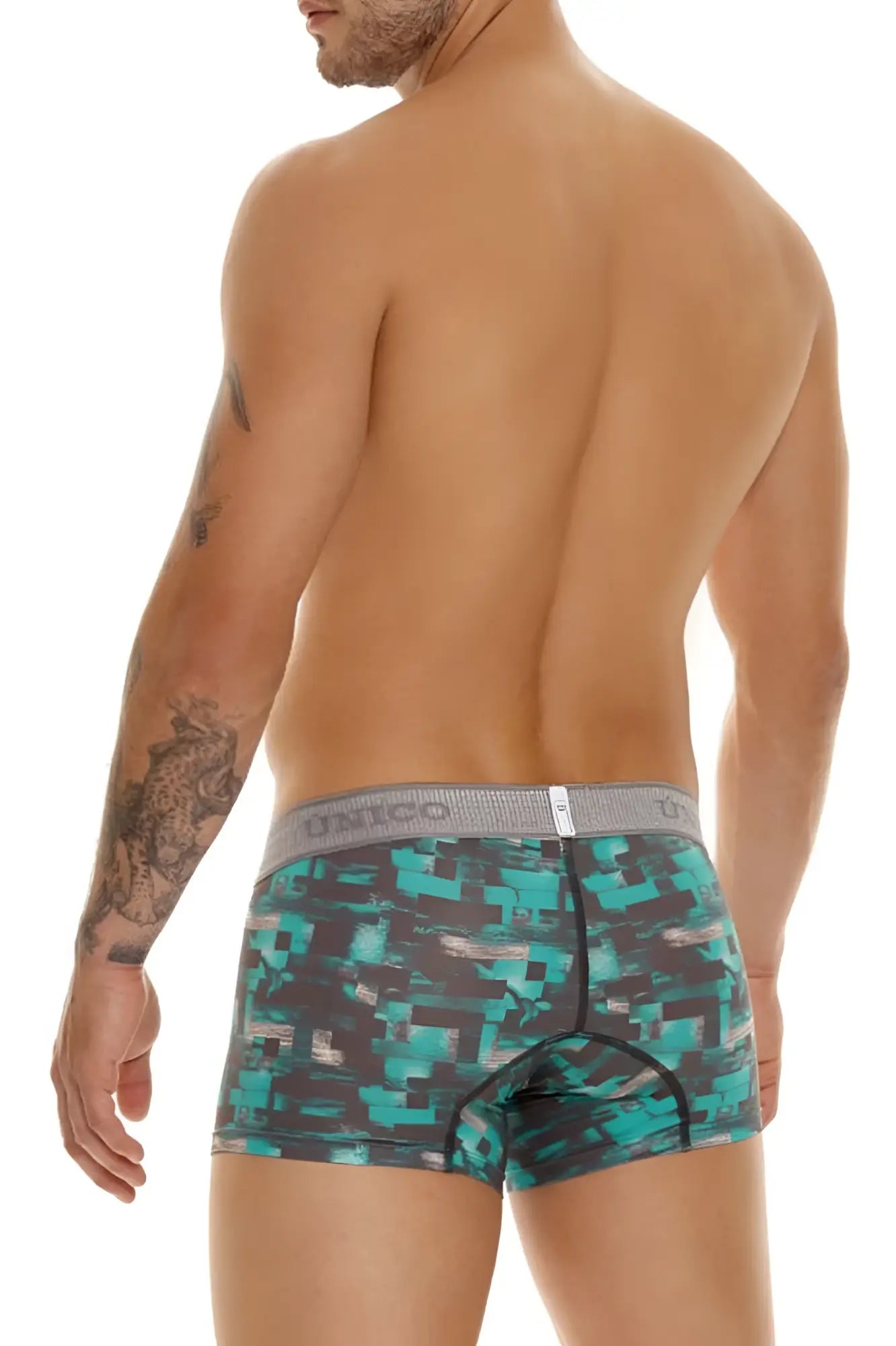 Teal and black digital camouflage unico 23050100104 escaque trunks with gray waistband boxer briefs in green color