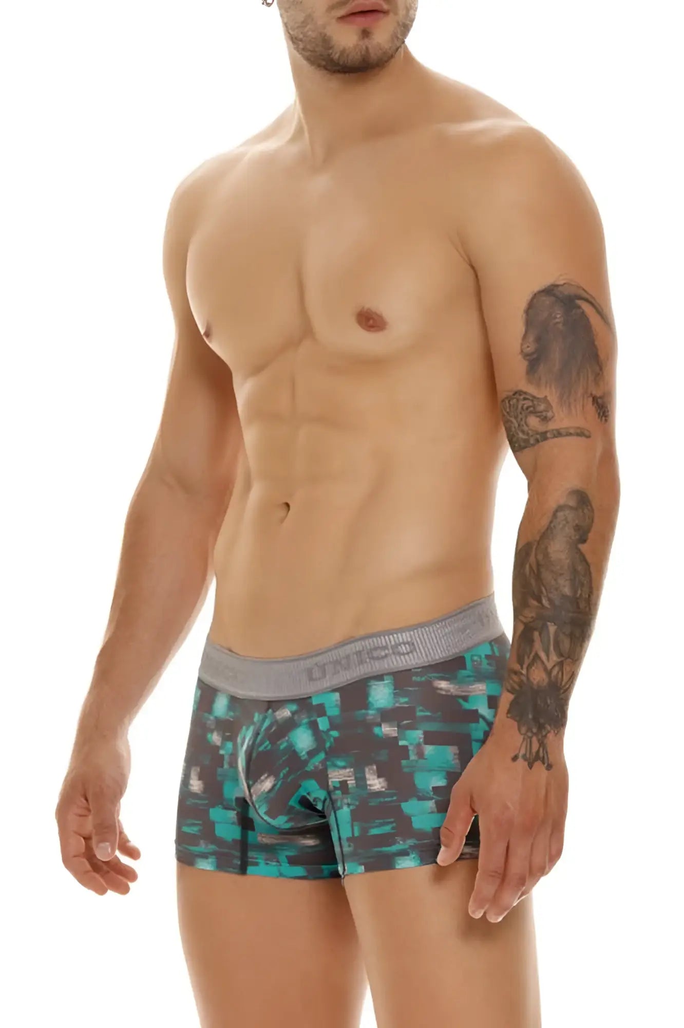 Teal and black pixelated pattern unico 23050100104 escaque trunks with gray waistband in green color