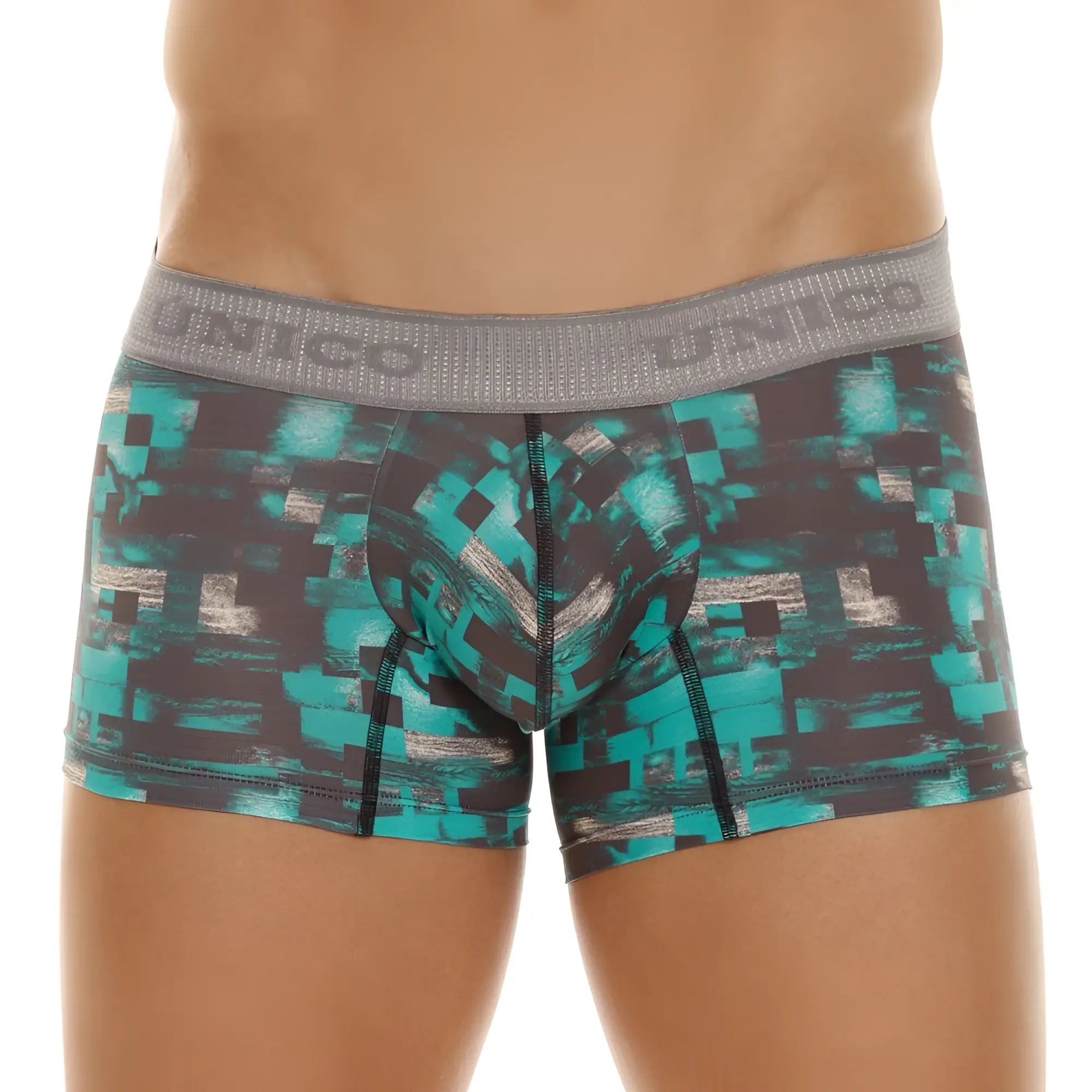 Teal and black pixelated pattern men’s boxer briefs with gray unico waistband in Unico 23050100104 Escaque trunks green