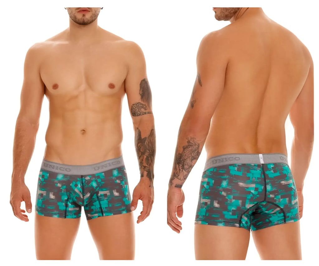 Unico 23050100104 Escaque trunks in teal and gray digital camouflage with gray elastic waistband branded unico