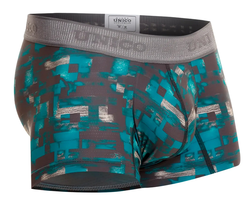 Unico escaque trunks boxer briefs in teal and gray pixelated pattern with branded elastic waistband color 63 green