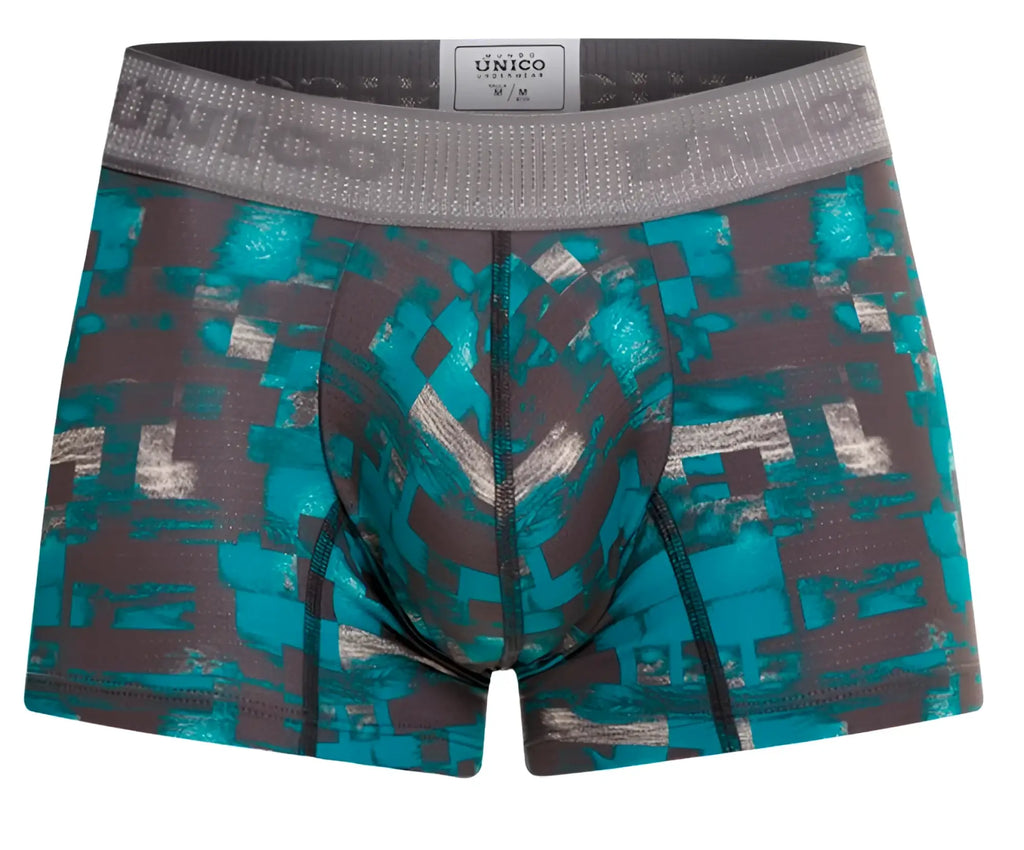 Teal and gray pixelated patterned mens boxer briefs with branded elastic waistband unico 23050100104 escaque trunks color 63-green
