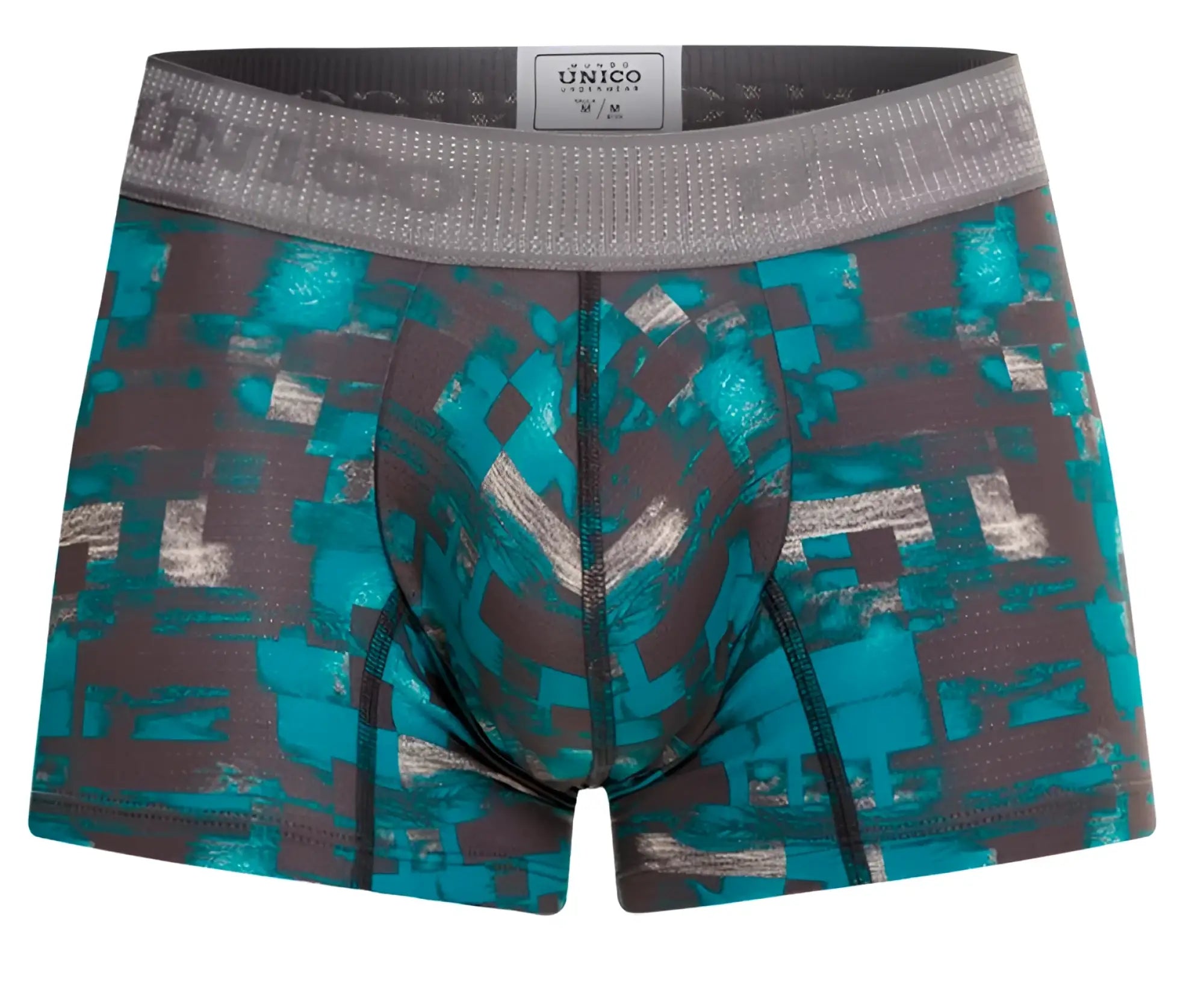 Teal and gray pixelated patterned mens boxer briefs with branded elastic waistband unico 23050100104 escaque trunks color 63-green