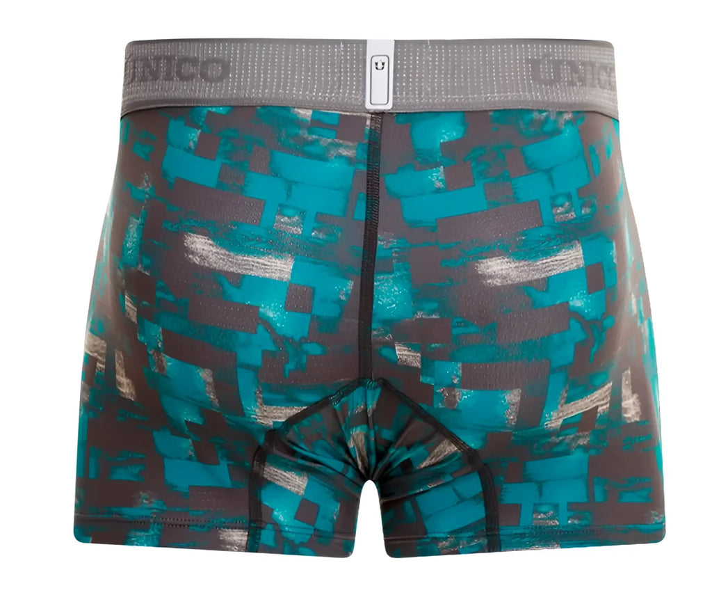 Unico escaque trunks boxer briefs in teal and gray pixelated pattern with a branded elastic waistband color 63 green