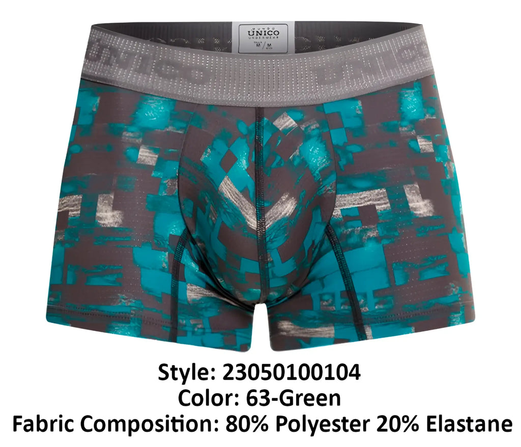 Teal and gray pixelated patterned men’s boxer briefs with branded elastic waistband unico 23050100104 color 63 green
