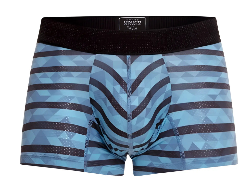 Blue and black geometric patterned unico 23050100116 espectaculo trunks with black waistband in turquoise color