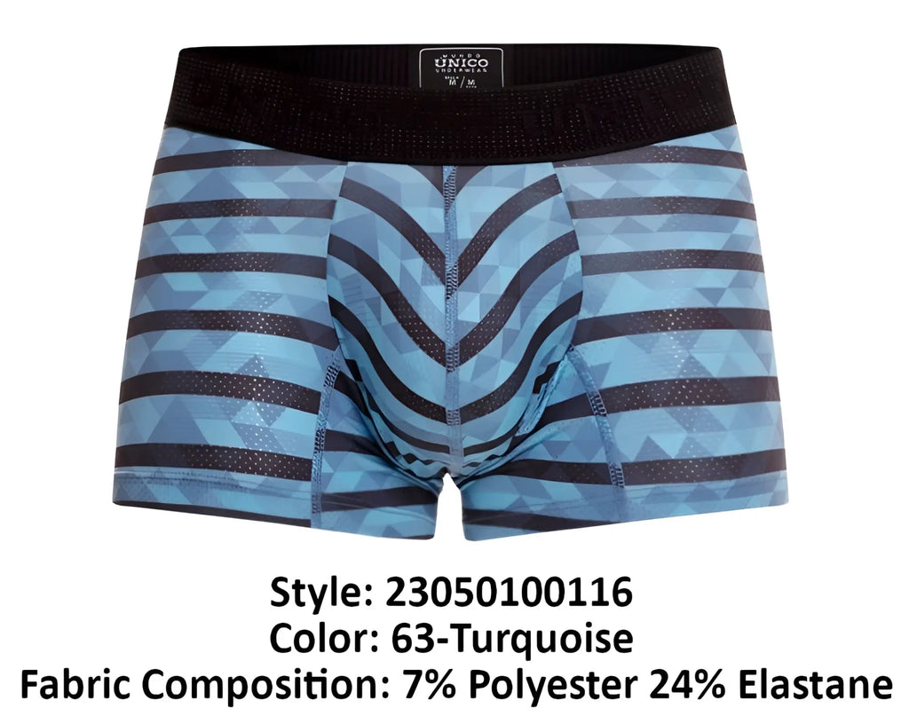 Blue and black geometric patterned unico 23050100116 espectaculo trunks with black elastic waistband turquoise color
