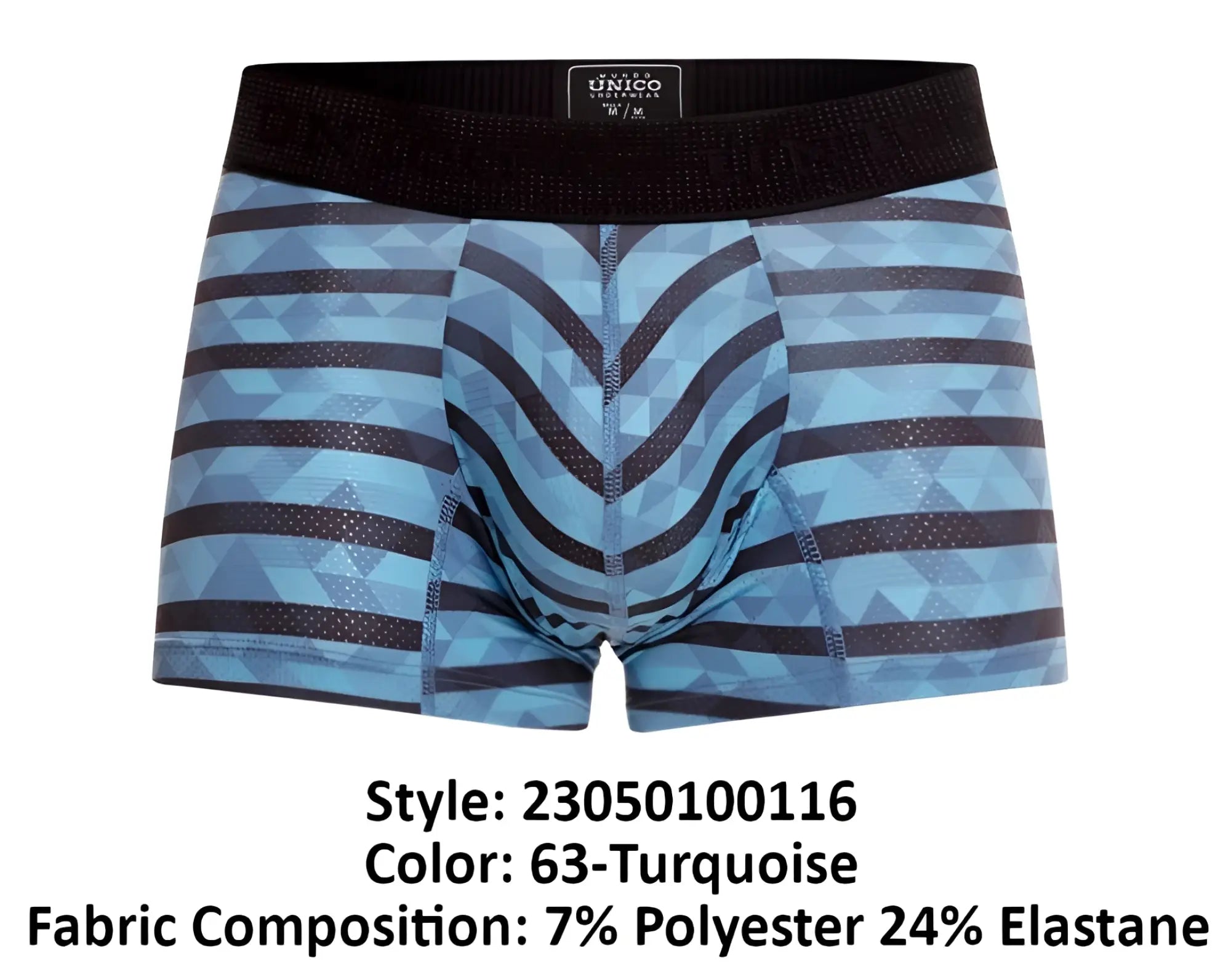 Blue and black geometric patterned unico 23050100116 espectaculo trunks with black elastic waistband turquoise color