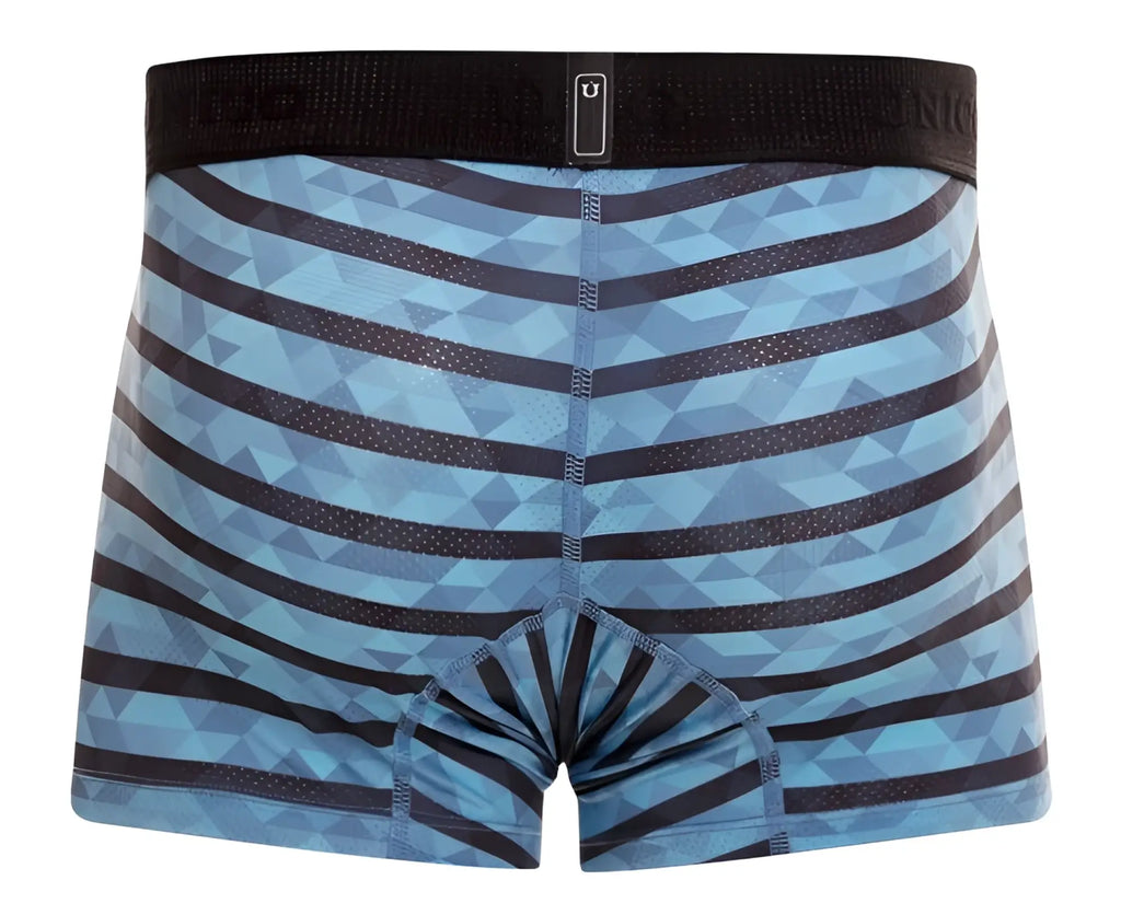 Uniqlo unico 23050100116 espectaculo trunks in turquoise with blue and black geometric stripes and a black elastic waistband