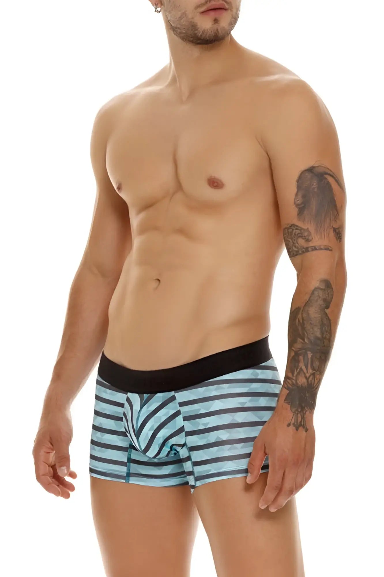 Unico Espectaculo trunks in turquoise featuring blue and black striped men’s boxer briefs with a solid black waistband