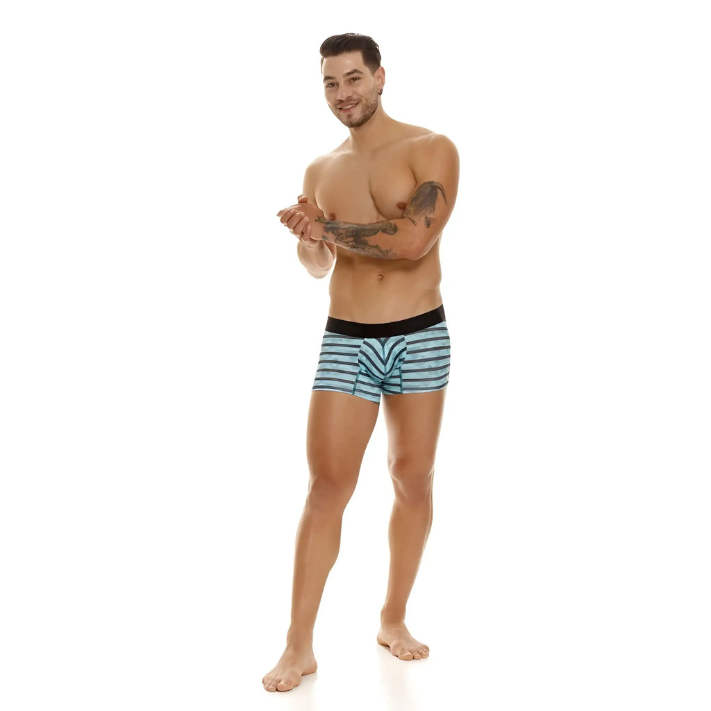 Unico Espectaculo trunks in turquoise featuring blue and white striped boxer briefs with a black waistband