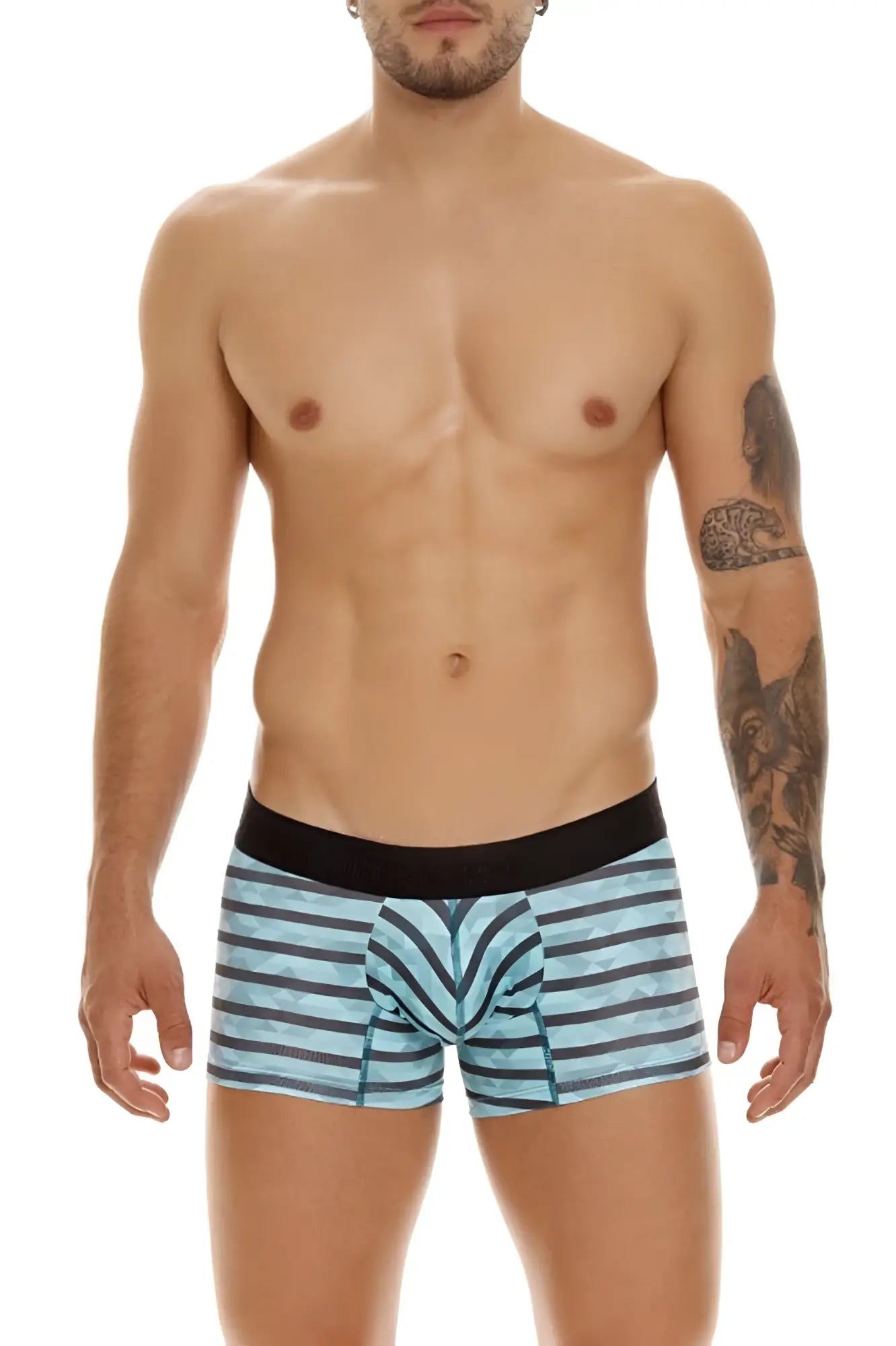 Light blue and black striped men’s boxer briefs with bold geometric front pattern Unico 23050100116 Espectaculo trunks