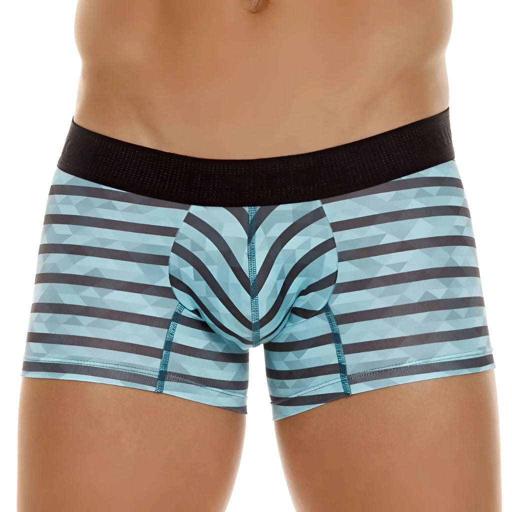 Unico 23050100116 espectaculo trunks men’s boxer briefs with light blue and dark gray geometric stripes and black waistband