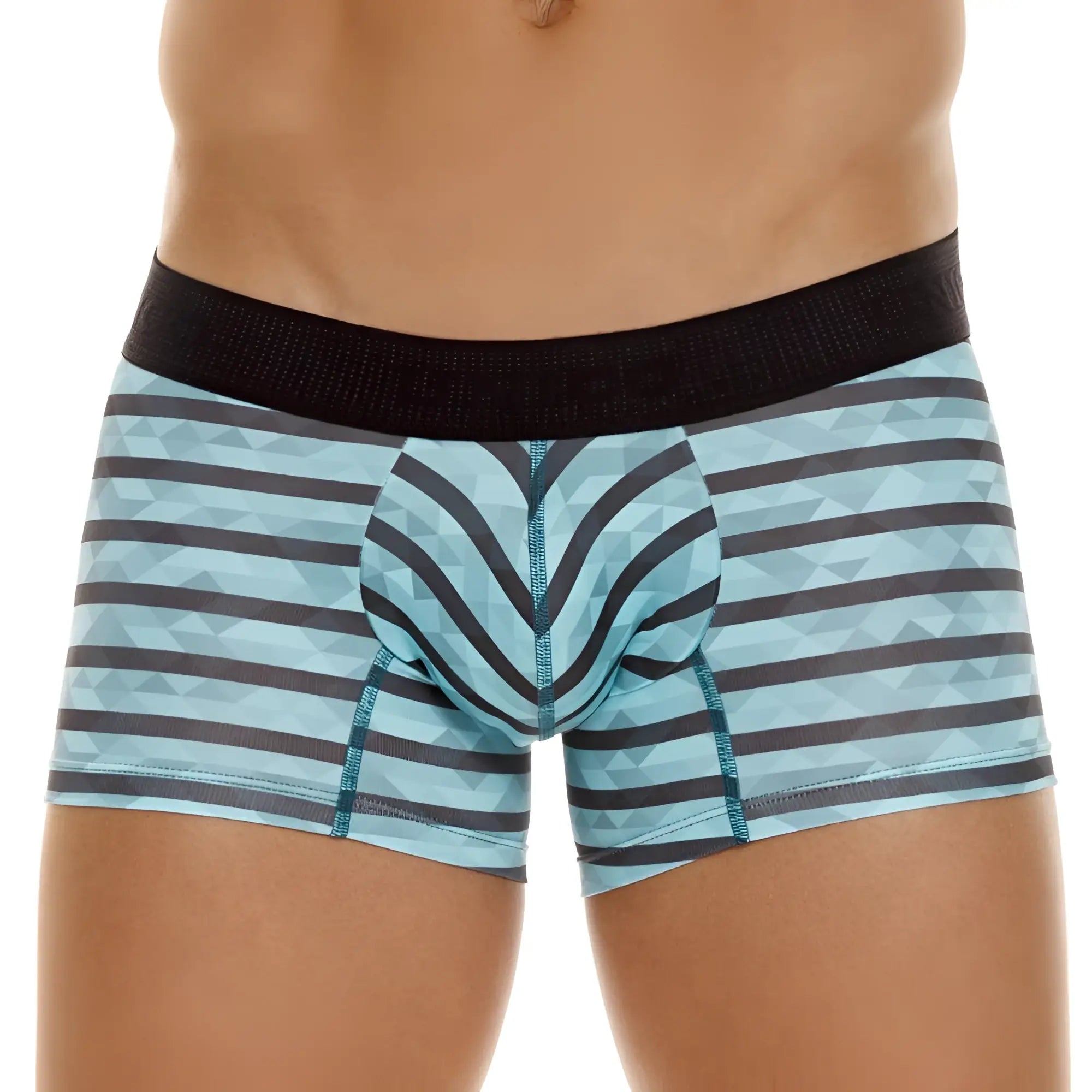Unico 23050100116 espectaculo trunks men’s boxer briefs with light blue and dark gray geometric stripes and black waistband