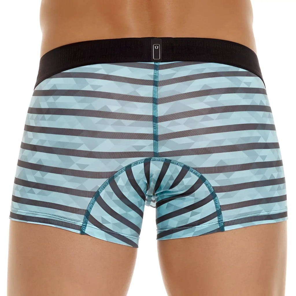 Light blue and dark gray geometric-striped men’s boxer briefs with black elastic waistband unico 23050100116 espectaculo trunks