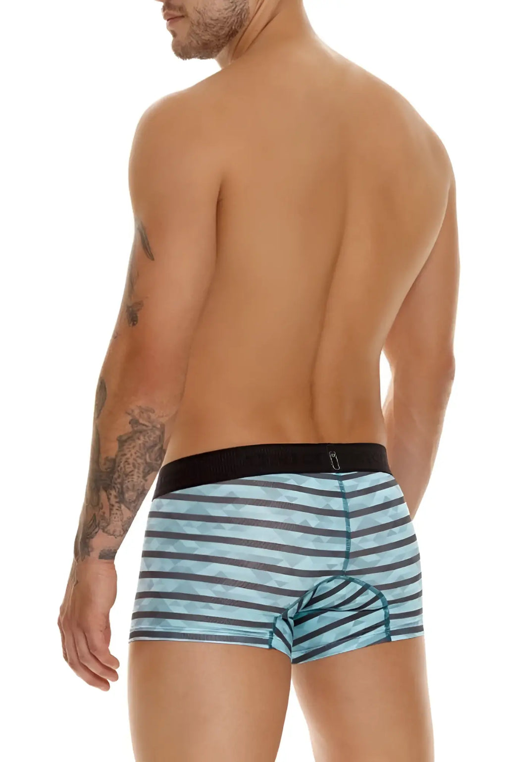 Unico 23050100116 espectaculo trunks in light blue and dark gray stripes with black waistband boxer briefs