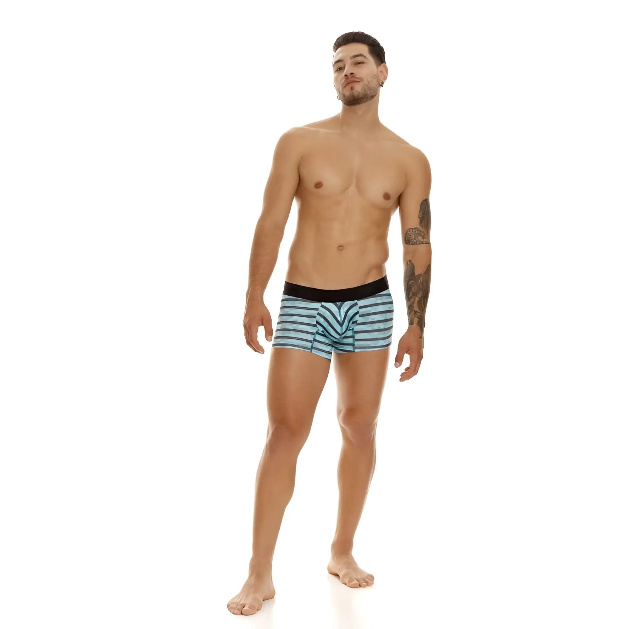 Unico 23050100116 espectaculo trunks men’s boxer briefs in turquoise with light blue and white stripes and black waistband