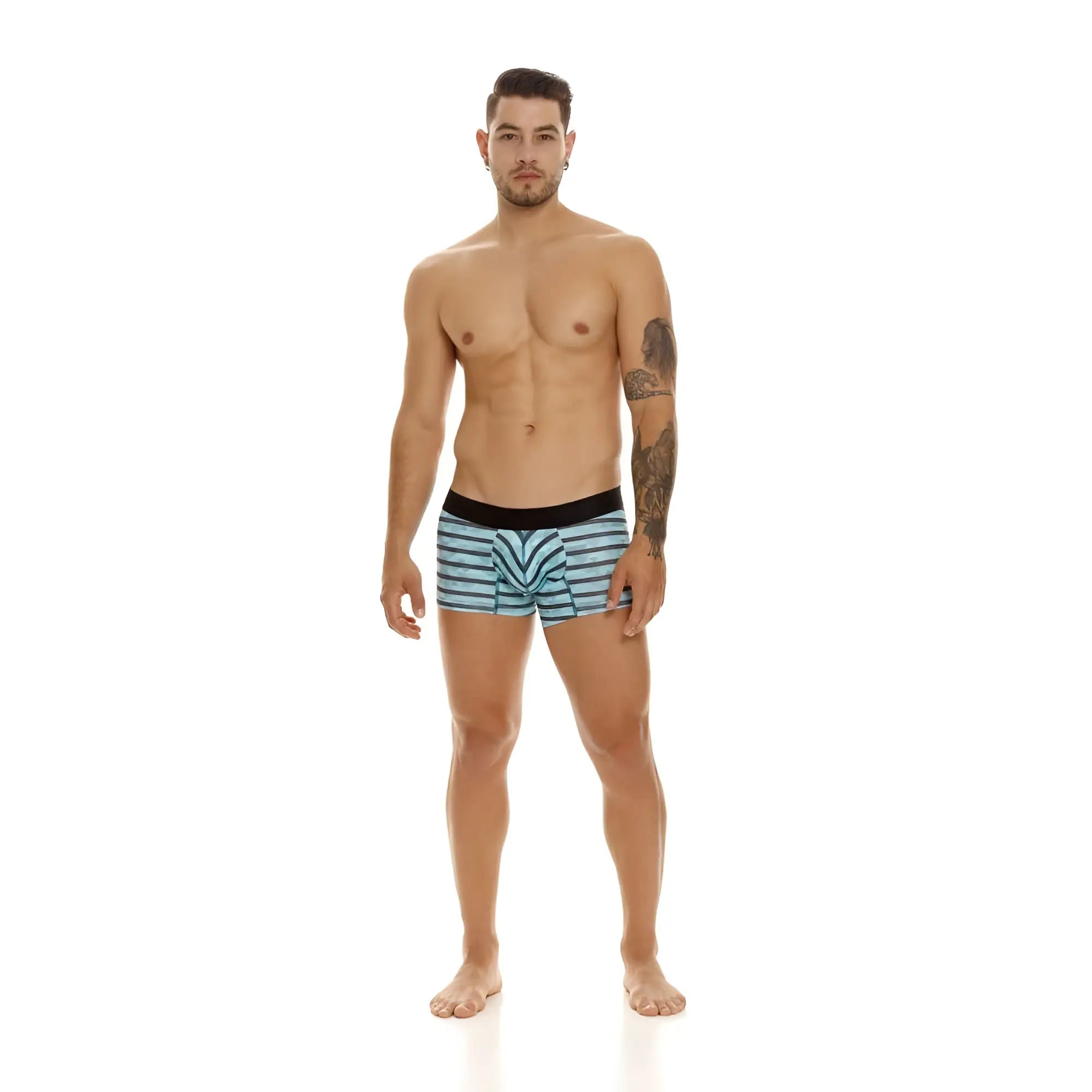 Unico 23050100116 espectaculo trunks color 63-turquoise men’s boxer briefs with light blue white stripes and black waistband