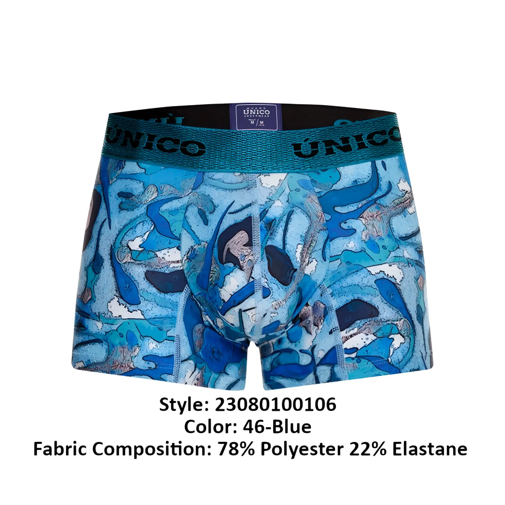 Blue unico atlantida boxer briefs with oceanic whales and abstract wave pattern in color 46-blue