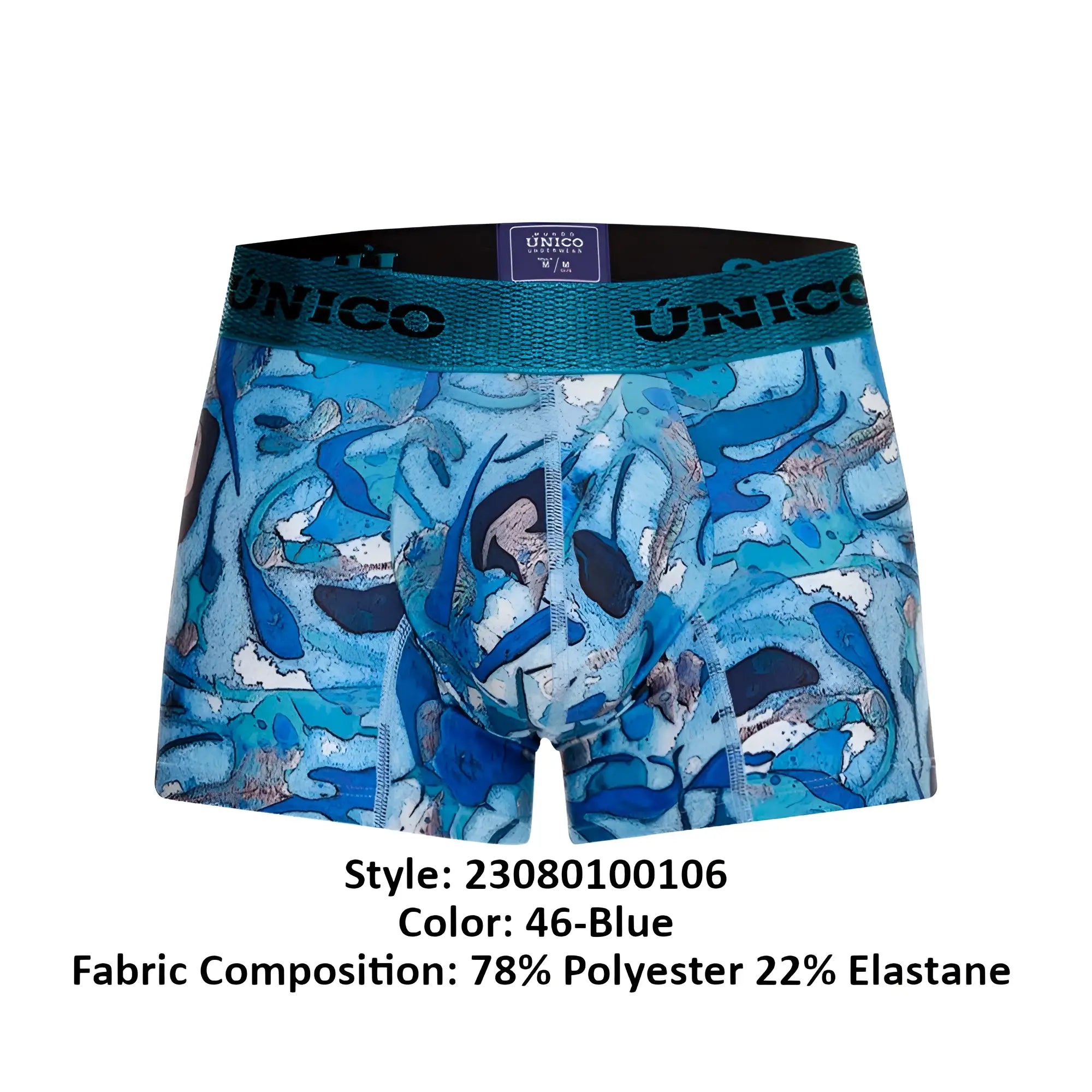 Blue unico atlantida boxer briefs with oceanic whales and abstract wave pattern in color 46-blue