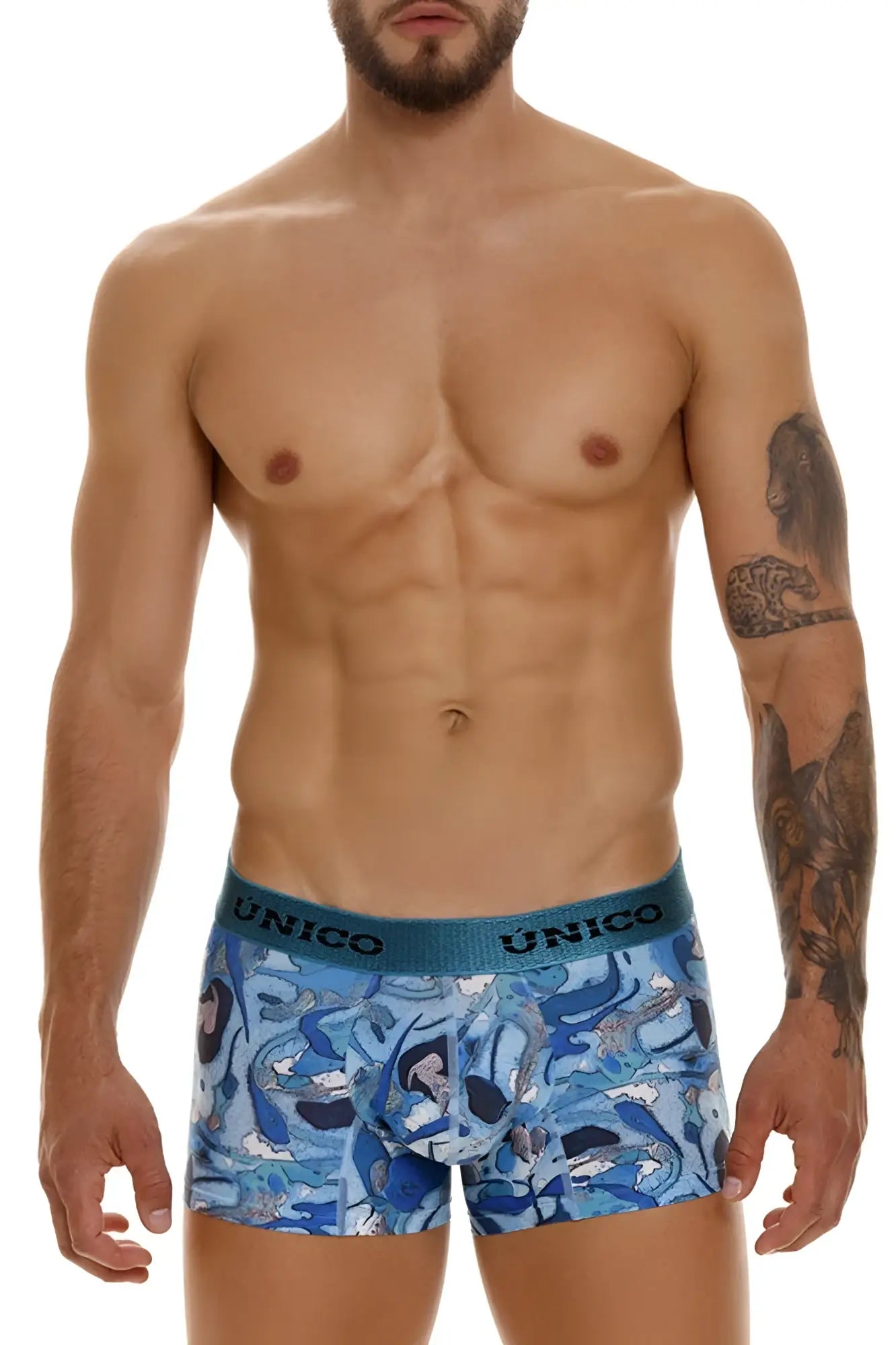 Blue patterned unico 23080100106 atlantida trunks men’s boxer briefs with teal waistband in blue color
