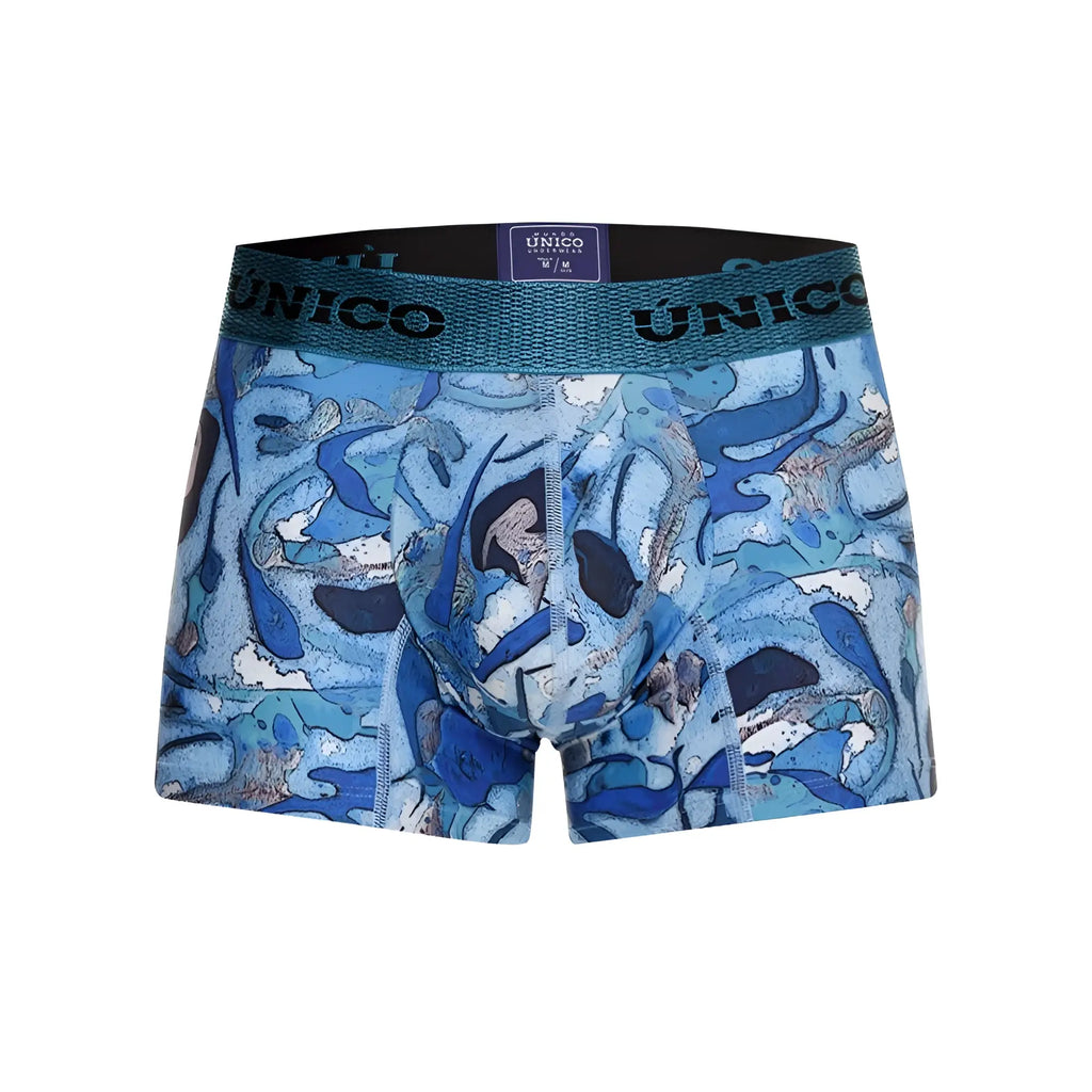 Blue patterned men’s boxer briefs with teal unico waistband in unico 23080100106 atlantida trunks color 46-blue