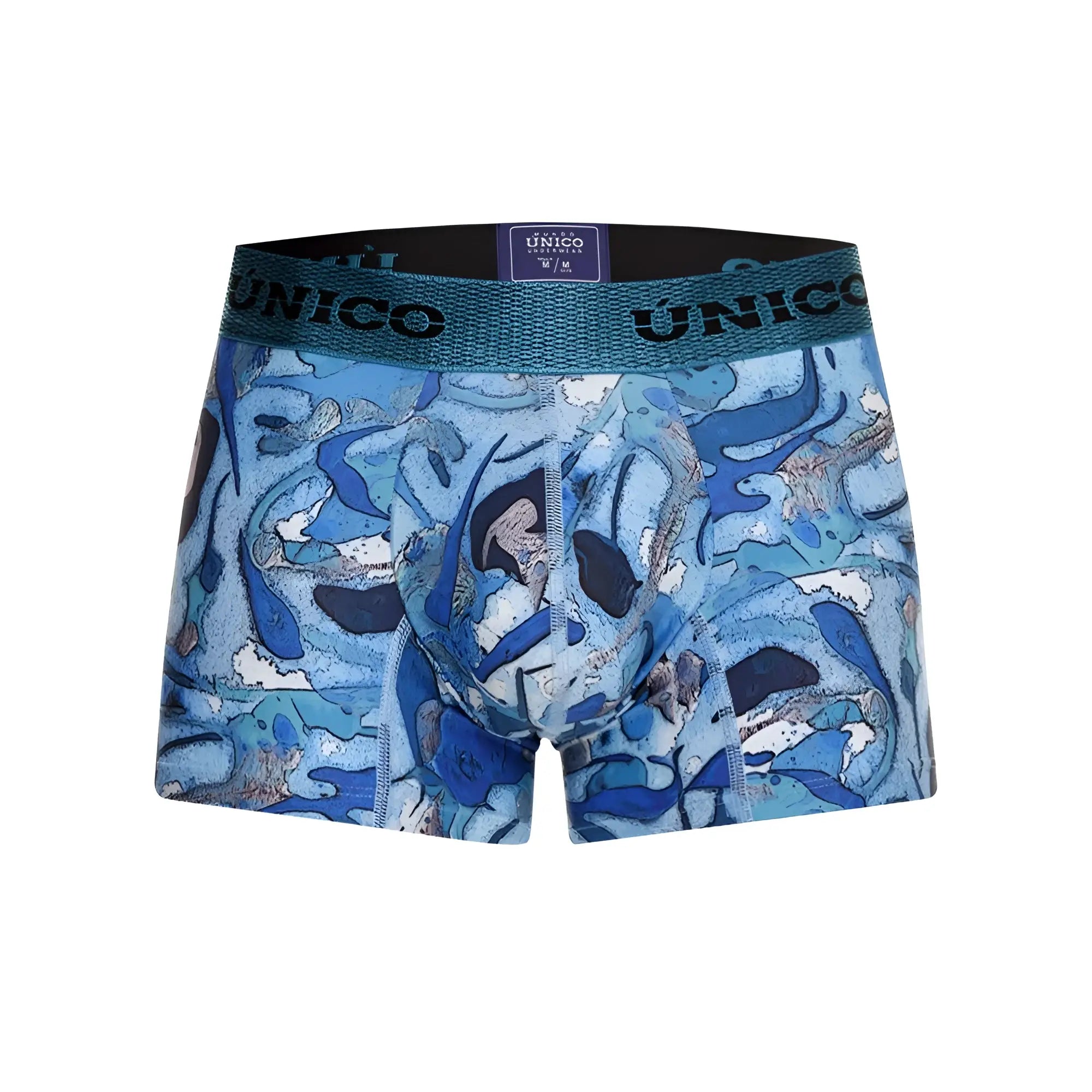 Blue patterned men’s boxer briefs with teal unico waistband in unico 23080100106 atlantida trunks color 46-blue
