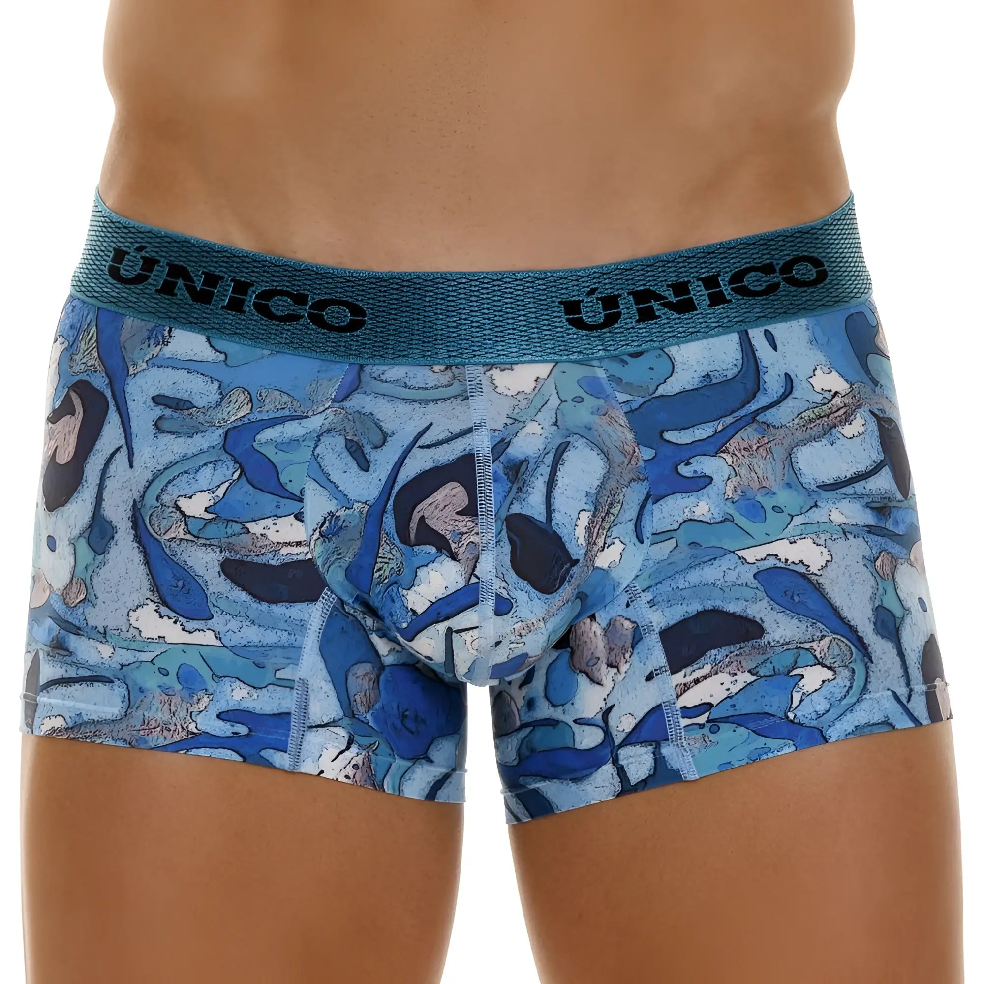 Unico 23080100106 atlantida blue and white abstract patterned men’s boxer briefs with textured teal waistband