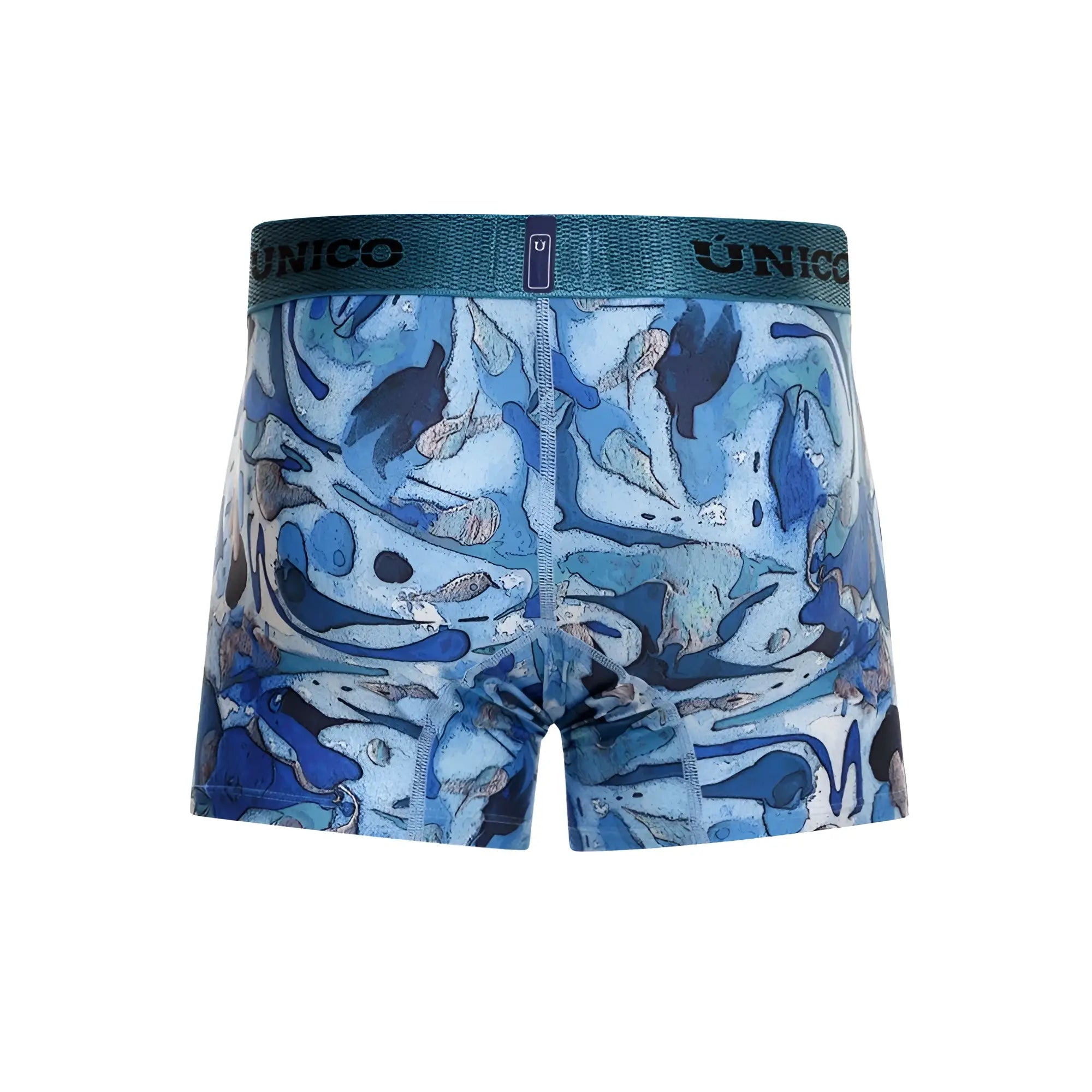 Blue and white abstract patterned unico 23080100106 atlantida trunks with textured teal waistband boxer briefs