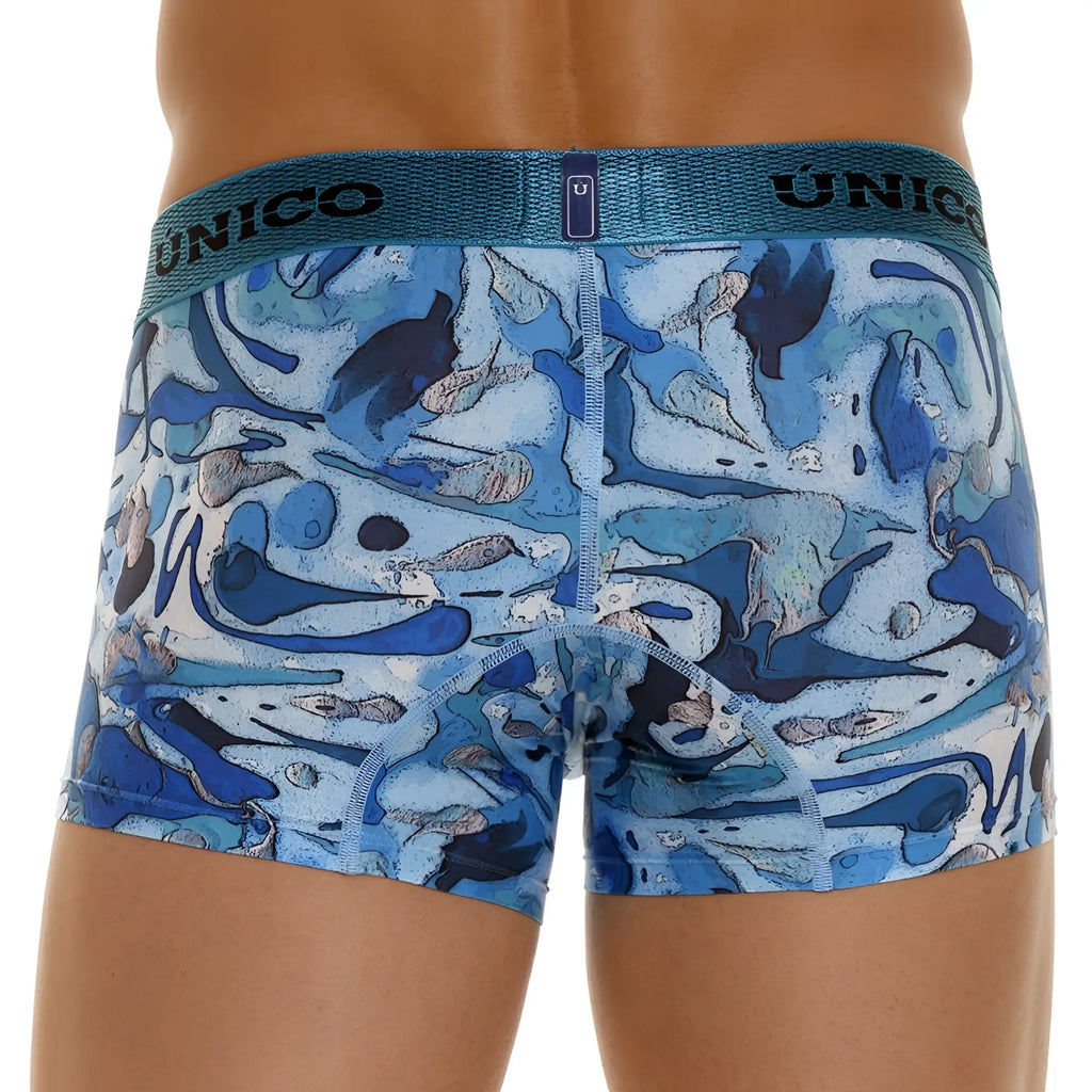 Unico 23080100106 atlantida trunks color 46-blue men’s boxer briefs with blue and white abstract pattern and textured waistband