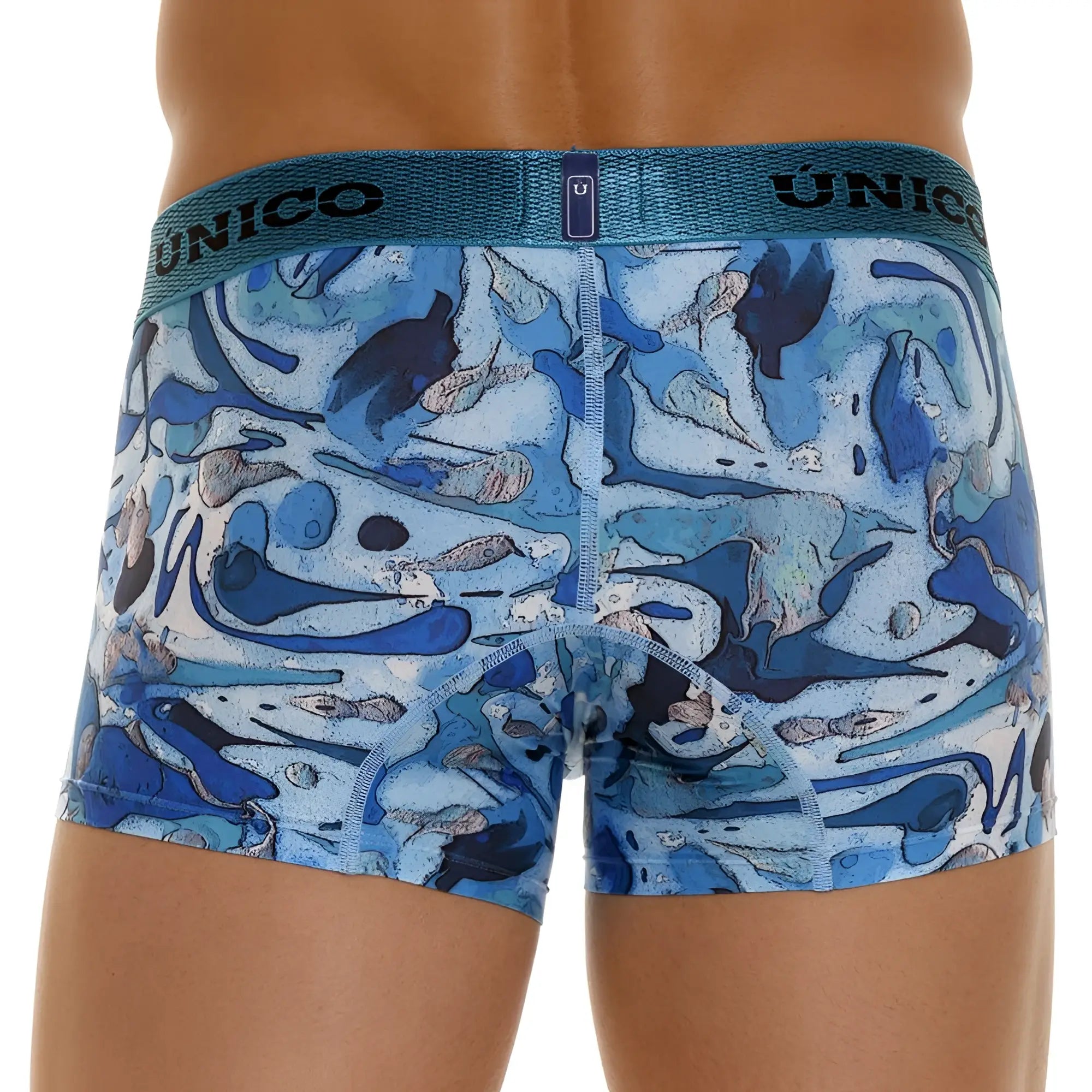 Unico 23080100106 atlantida trunks color 46-blue men’s boxer briefs with blue and white abstract pattern and textured waistband