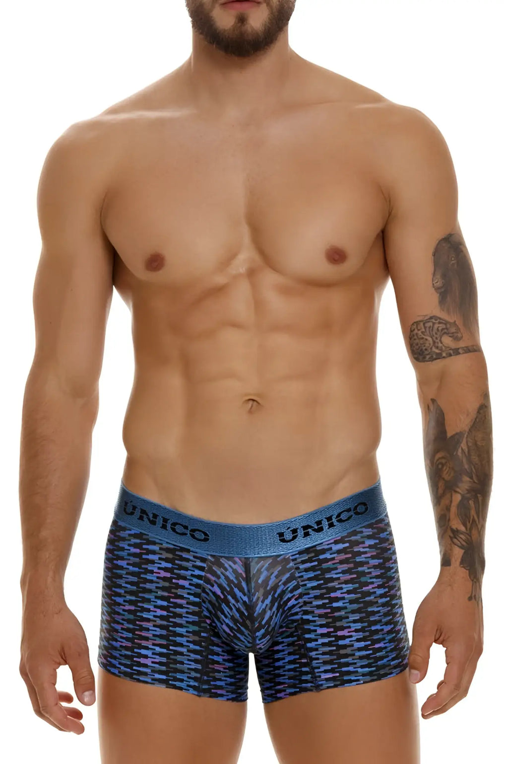 Unico 23080100121 filamento trunks with blue and black pattern and solid blue waistband boxer briefs
