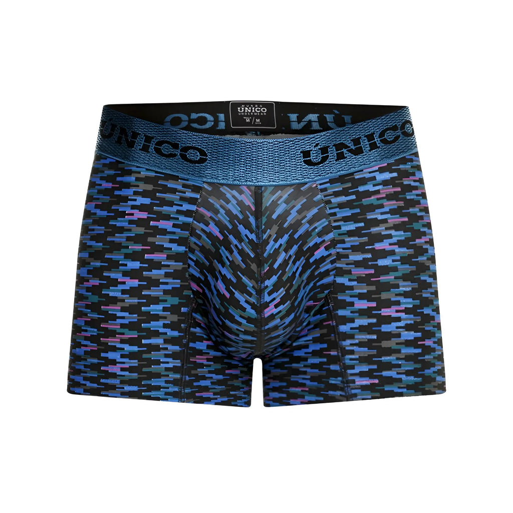 Unico 23080100121 filamento men’s boxer briefs in black and blue pattern with textured waistband color 46-blue