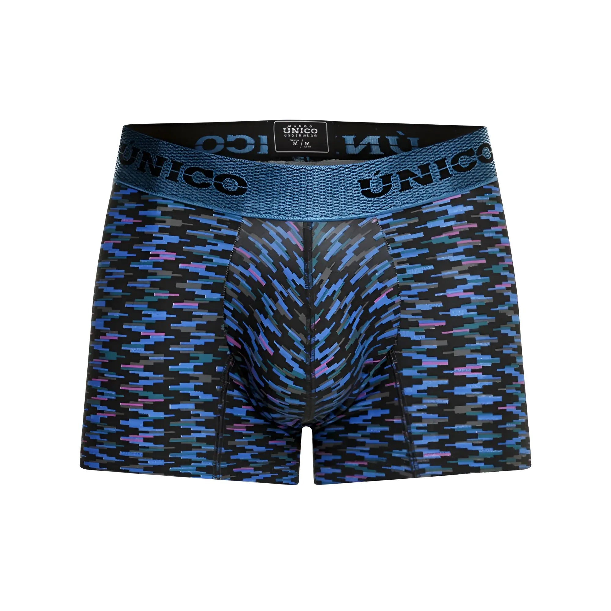 Unico 23080100121 filamento men’s boxer briefs in black and blue pattern with textured waistband color 46-blue