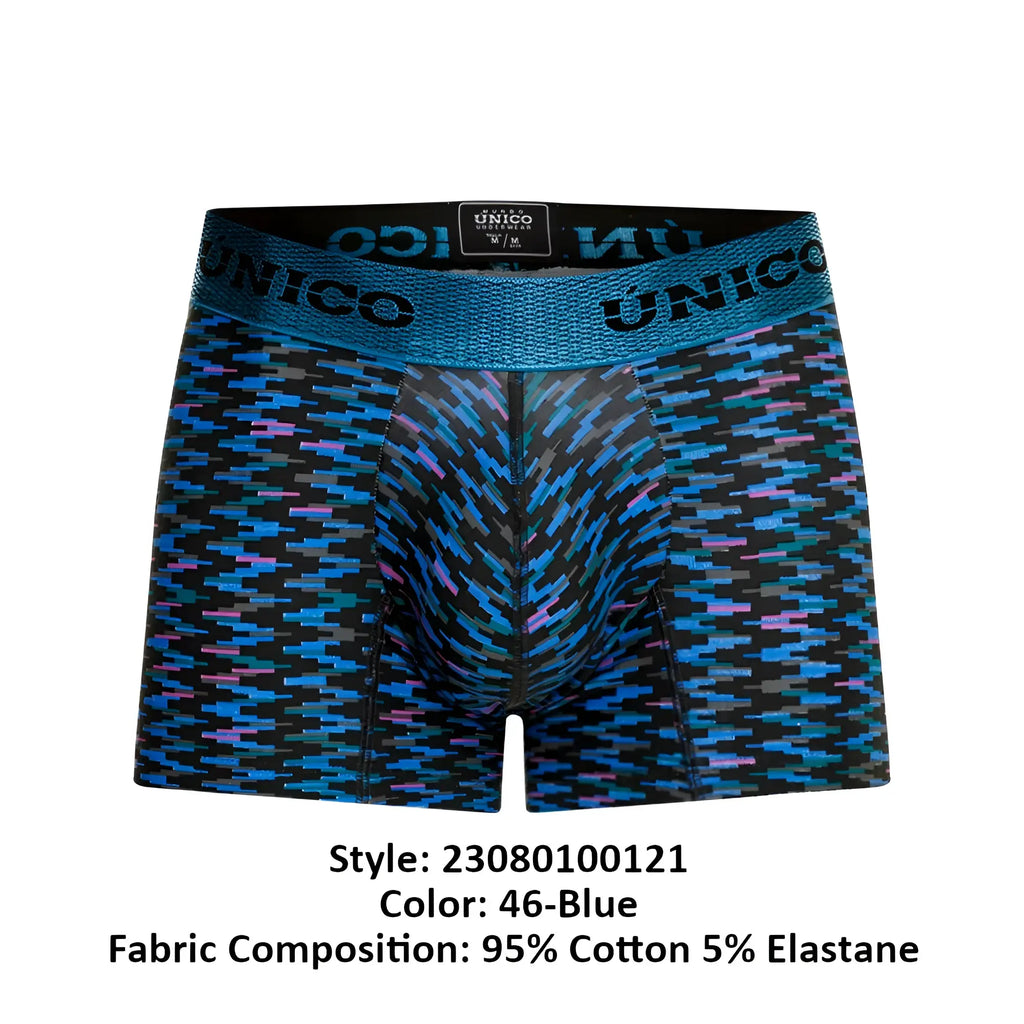 Unico 23080100121 filamento trunks blue men’s boxer briefs with black pattern and textured waistband