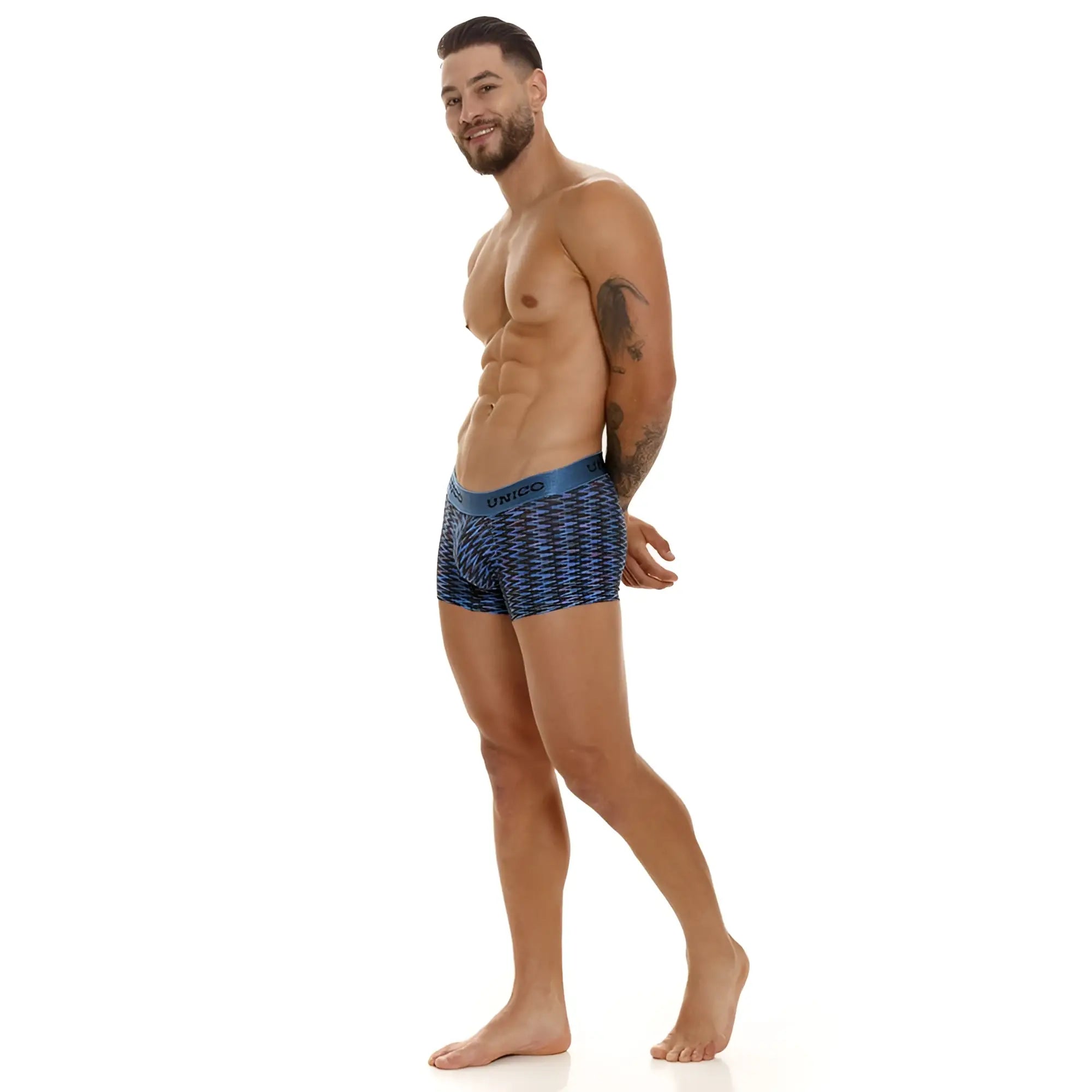 Blue patterned unico 23080100121 filamento trunks in blue with geometric design boxer briefs front view