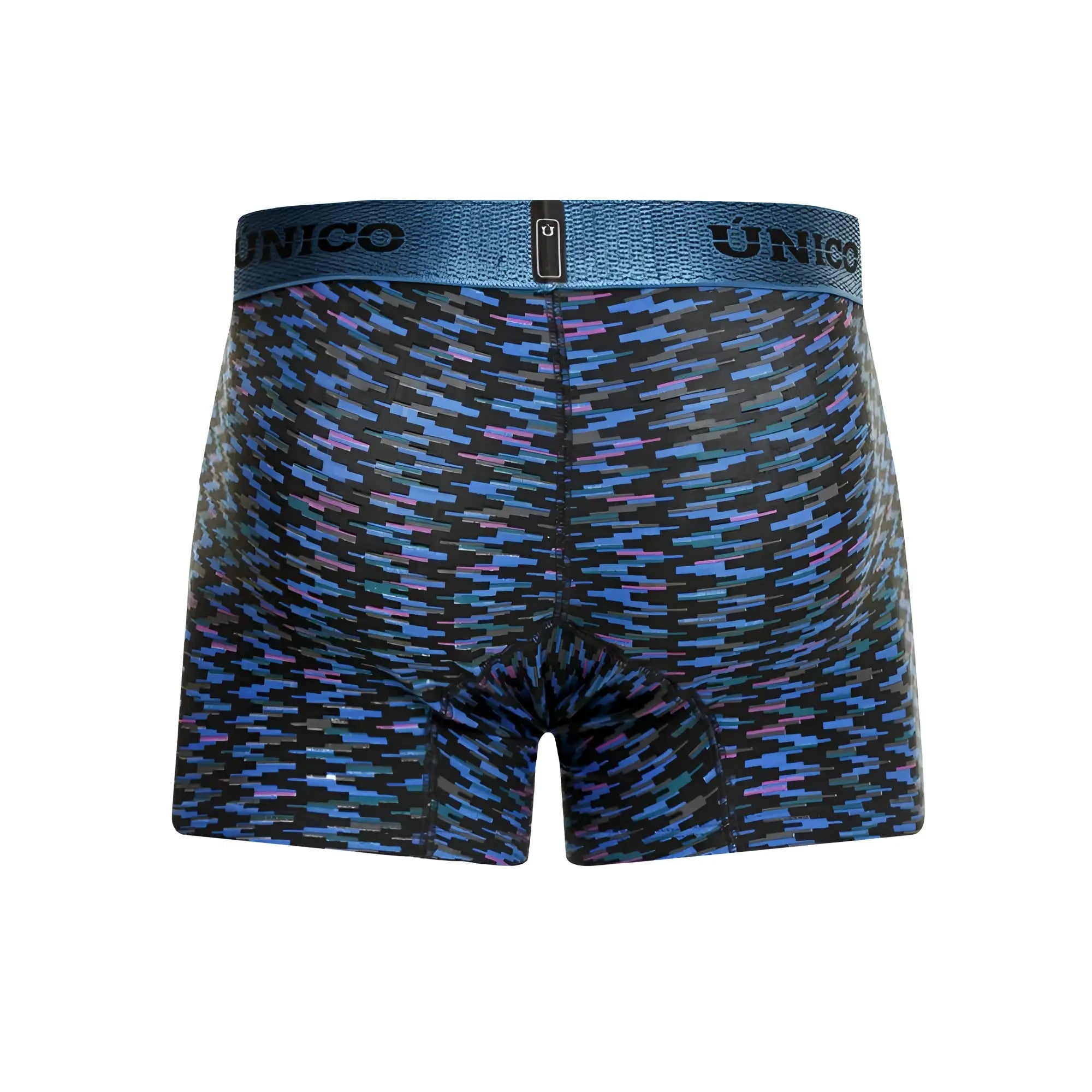 Unico 23080100121 filamento trunks feature blue and purple geometric-patterned boxer briefs with a textured waistband