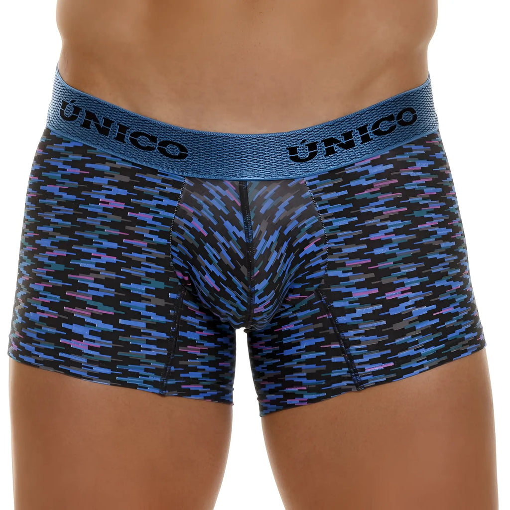 Unico 23080100121 filamento trunks men’s boxer briefs in blue and purple geometric pattern with textured waistband
