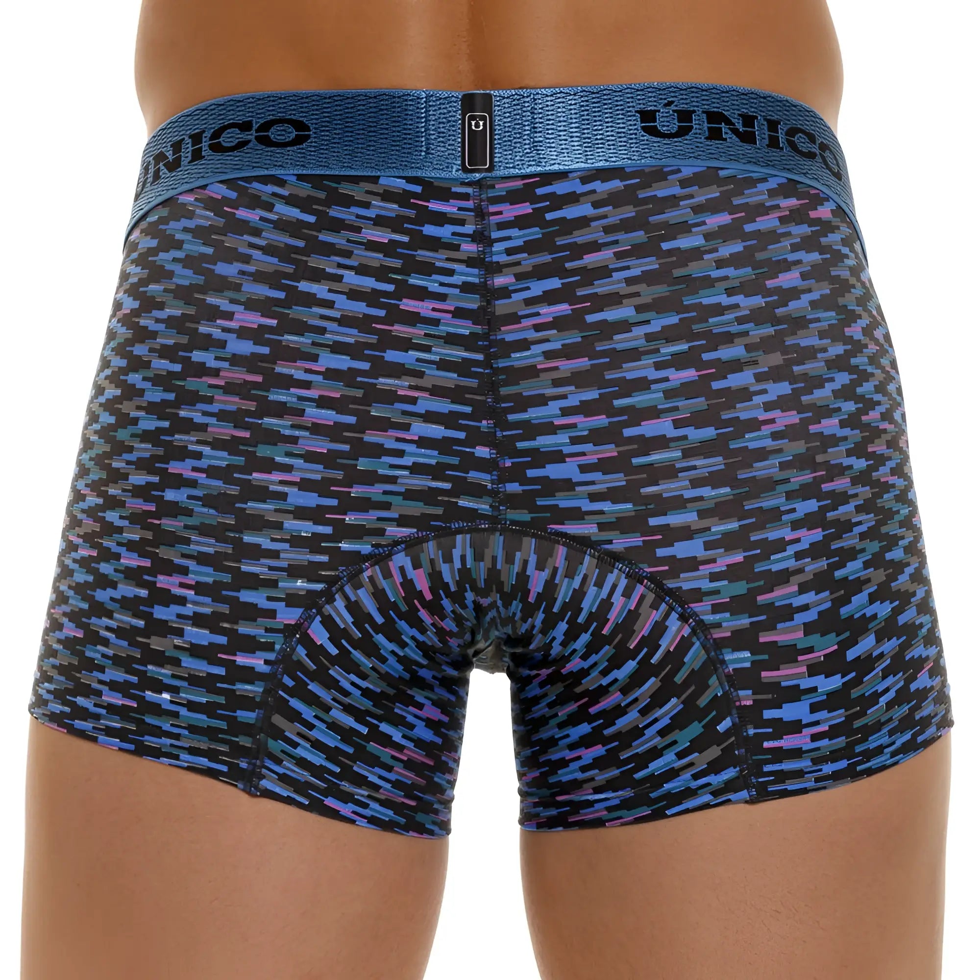 Unico 23080100121 filamento trunks men’s boxer briefs in blue and purple geometric pattern with textured waistband