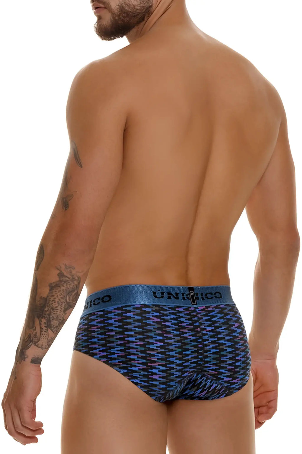 Unico 23080101121 Filamento briefs in blue with black pattern and branded elastic waistband for comfortable wear