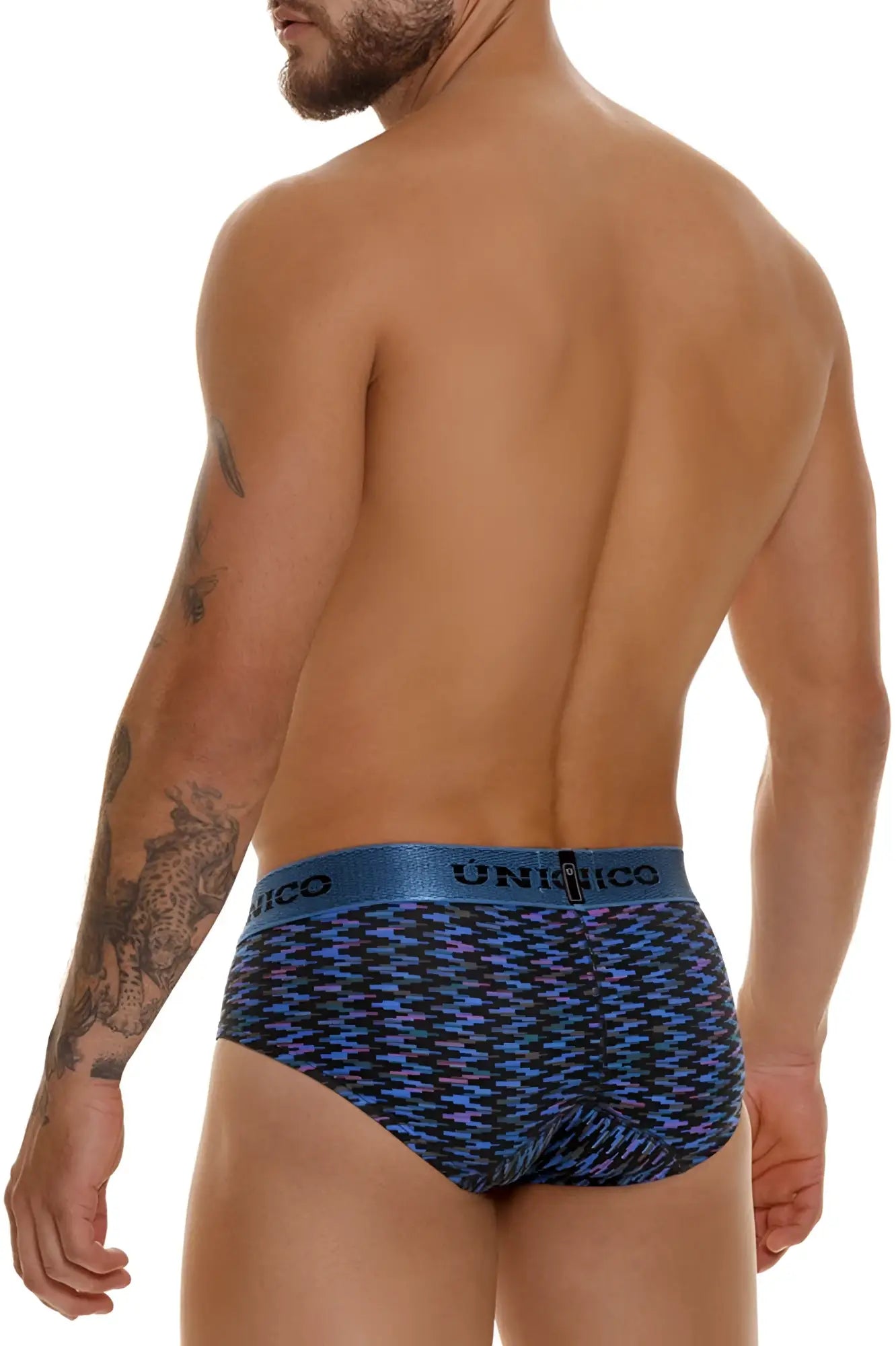 Unico 23080101121 Filamento briefs in blue with black pattern and branded elastic waistband for comfortable wear