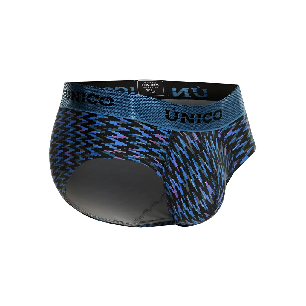 Blue and black patterned Unico men’s Filamento briefs with textured waistband in color 46 blue front view