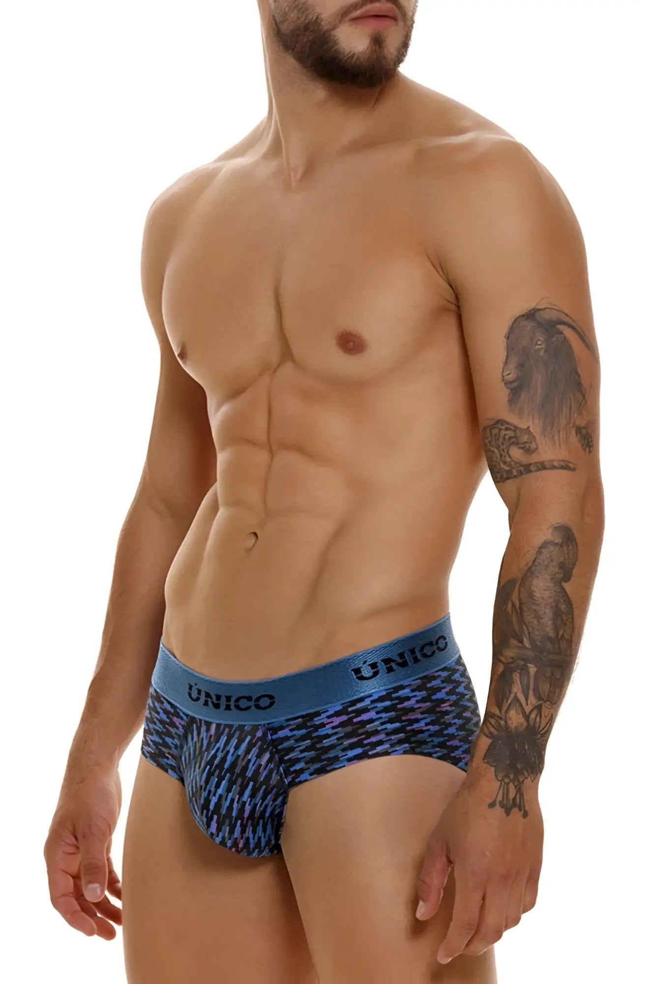 Blue and black patterned unico 23080101121 filamento briefs with bold geometric design for men