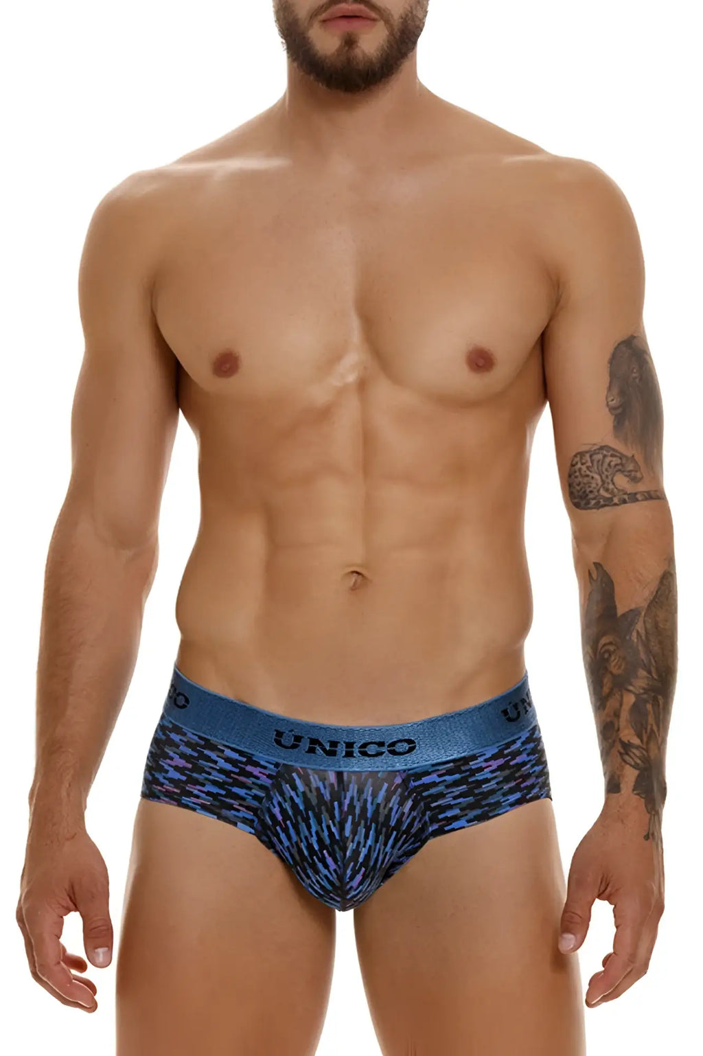 Blue and black patterned unico 23080101121 filamento briefs featuring a textured geometric design