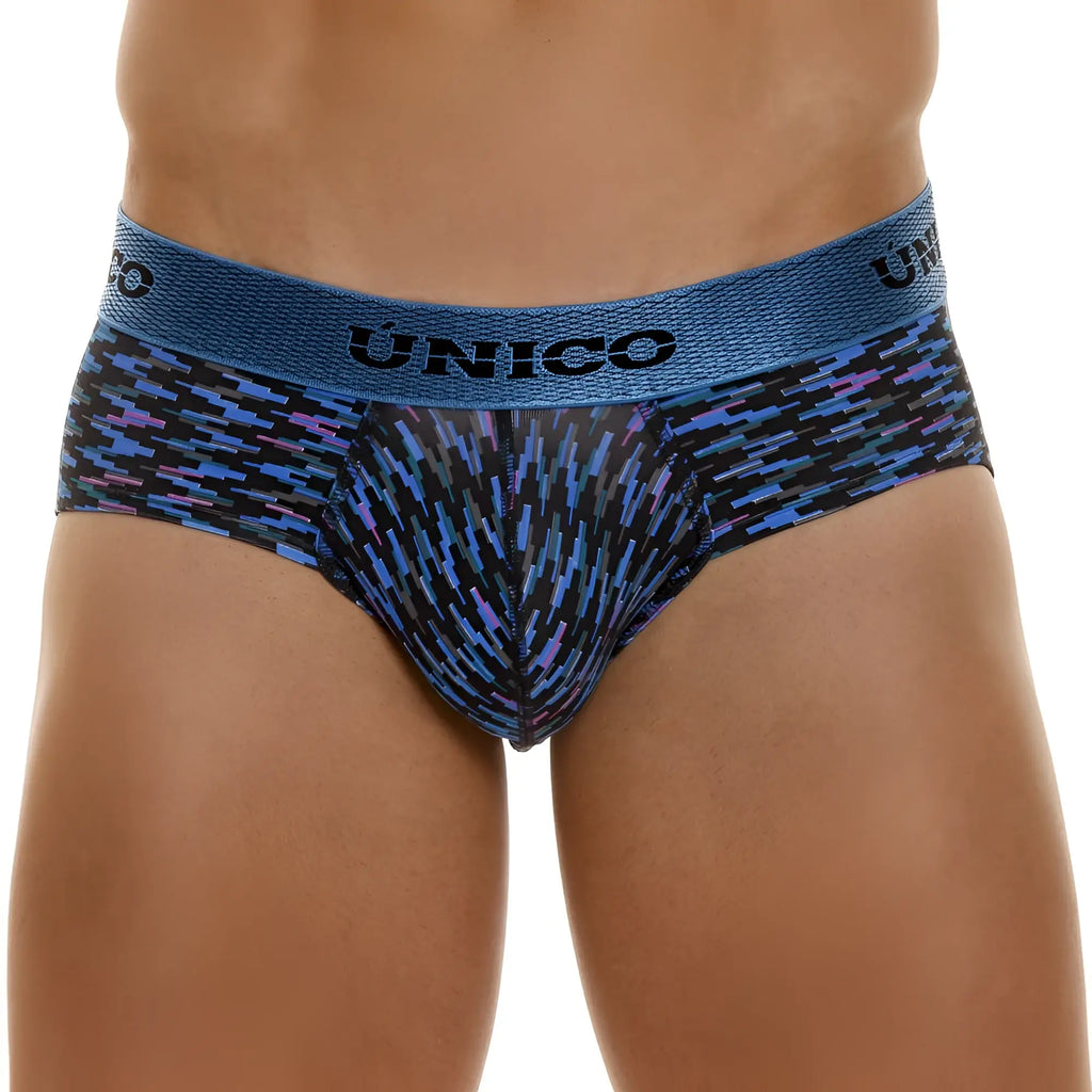 Blue and black patterned unico filamento briefs for men with textured waistband in color 46-blue front view