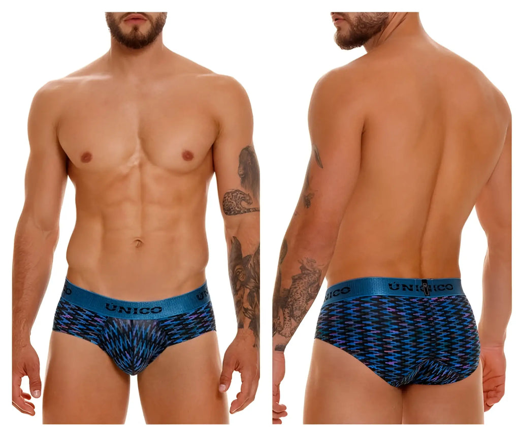 Blue patterned unico 23080101121 filamento briefs in blue with geometric design and elastic waistband
